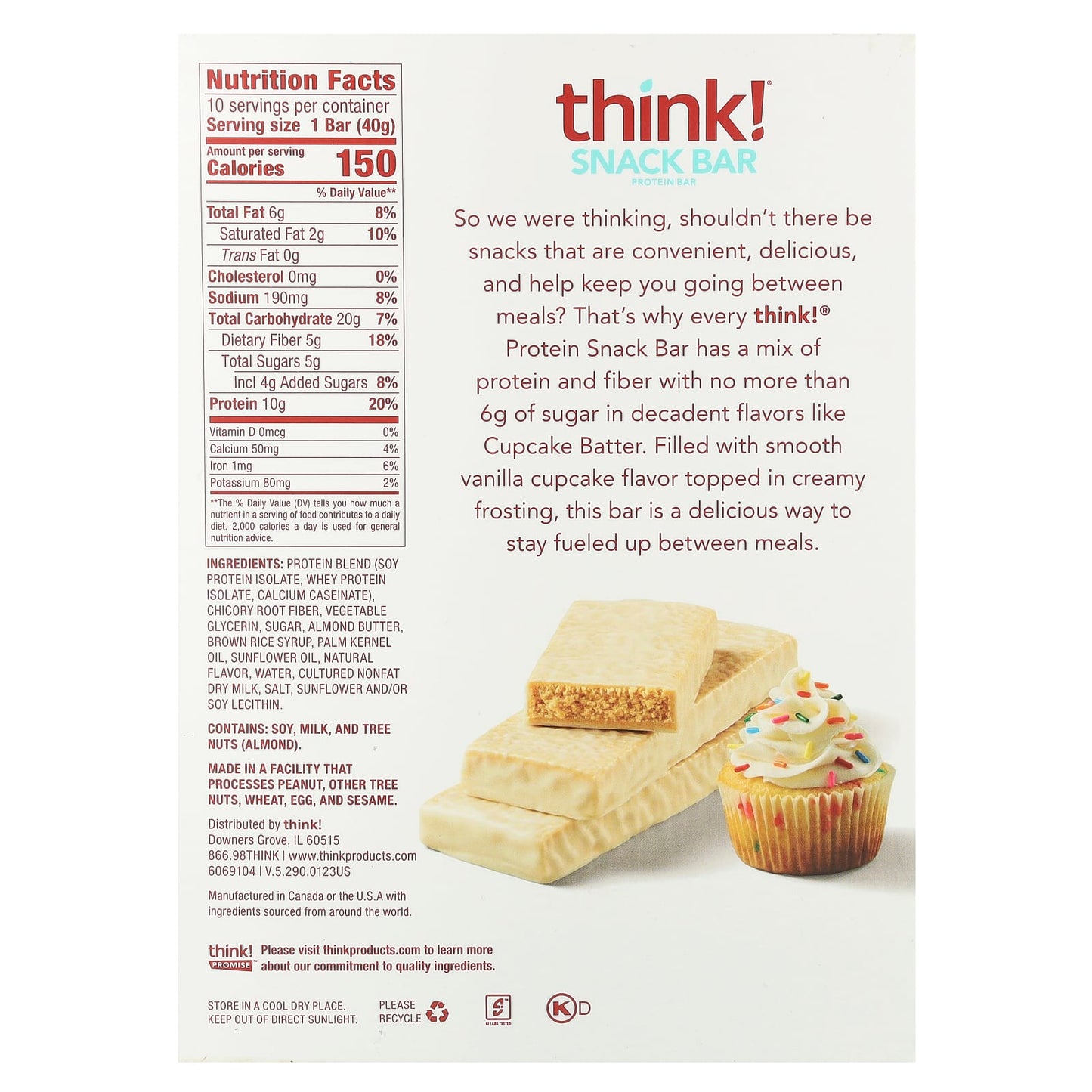Think !, Snack Protein Bar, Cupcake Batter, 10 Bars, 1.41 oz (40 g) Each - Image 2