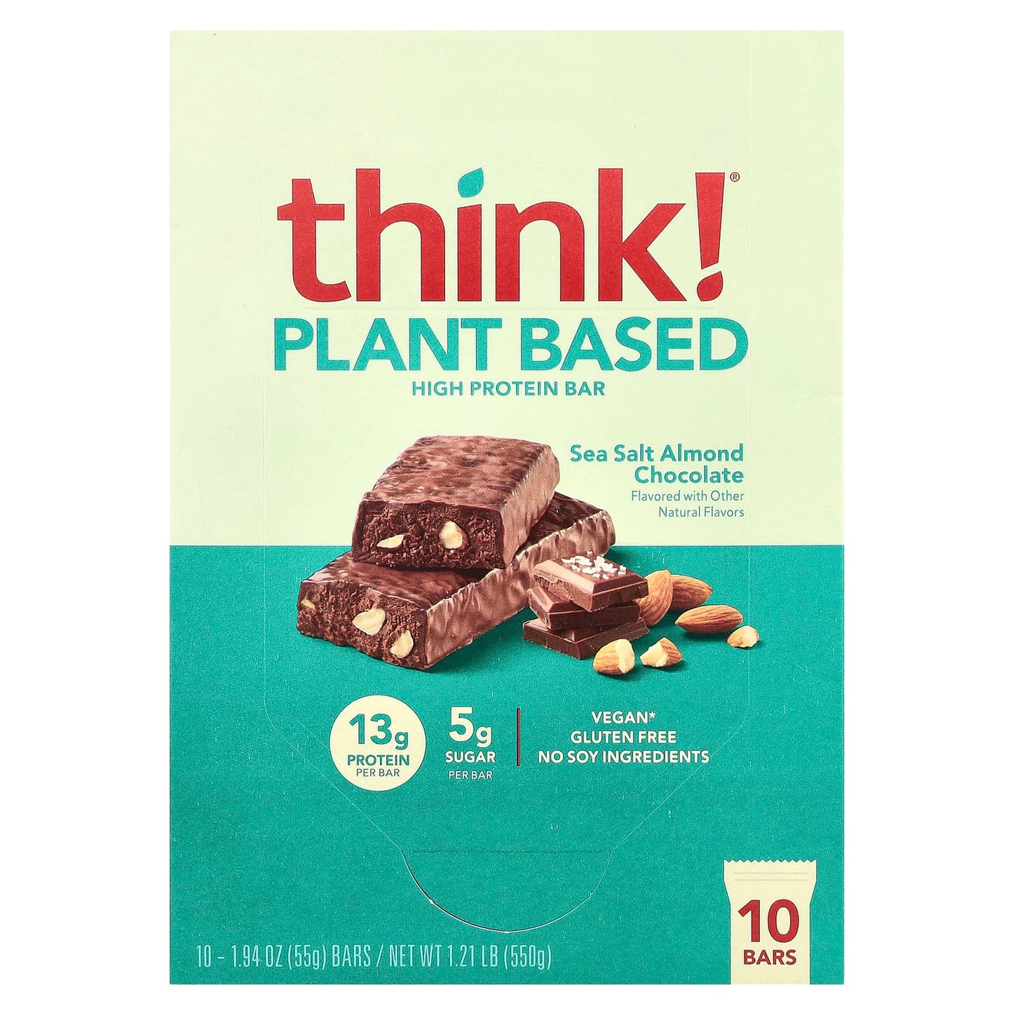Think !, High Protein Bars, Sea Salt Almond Chocolate, 10 Bars, 1.94 oz (55 g) Each - Image 1