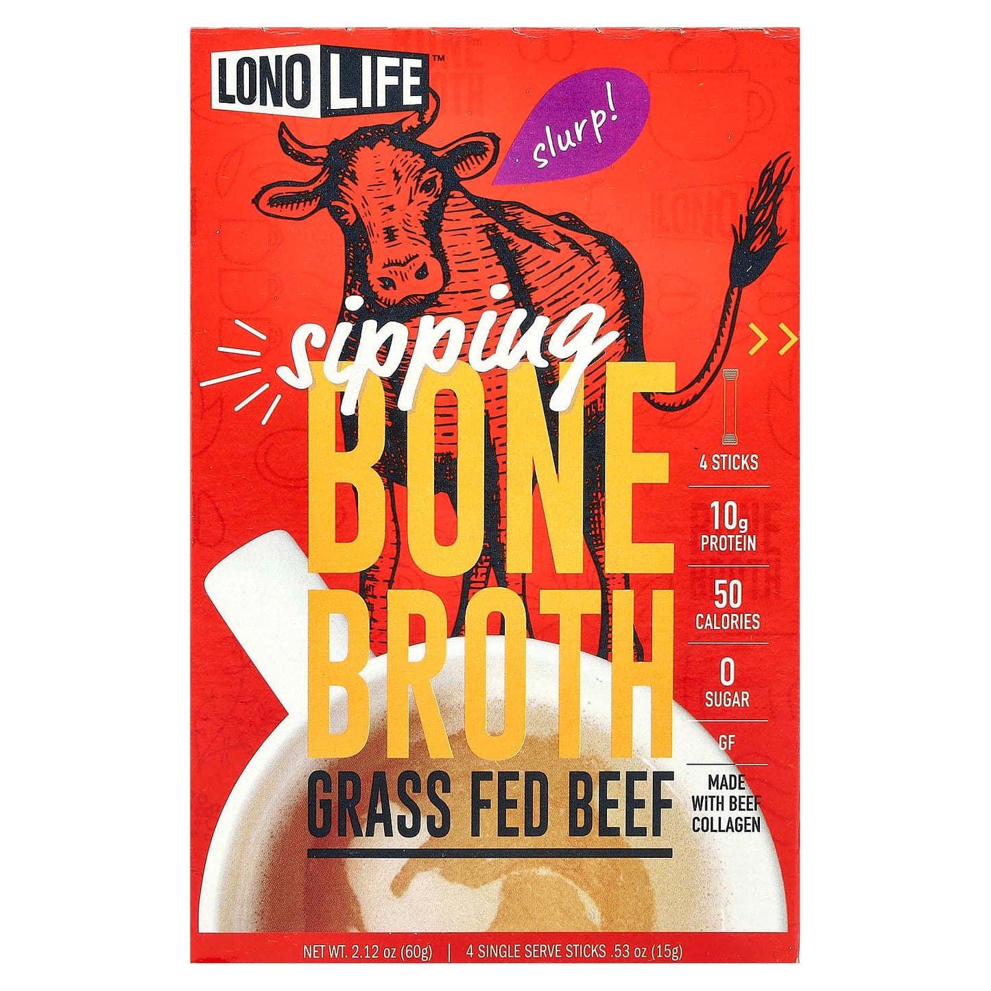 Lonolife, Sipping Bone Broth, Grass Fed Beef, 4 Single Serve Stick Packs, 0.53 oz (15 g) Each - Image 1