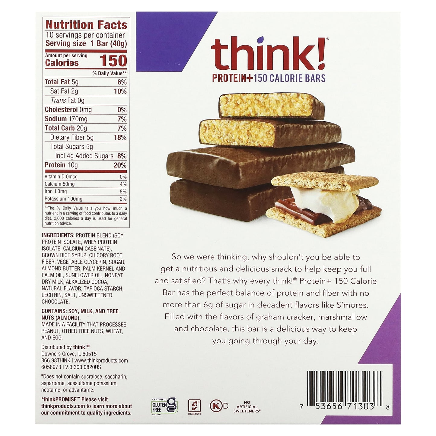 Think !, Protein+ 150 Calorie Bars, S'mores, 10 Bars, 1.41 oz (40 g) Each - Image 2