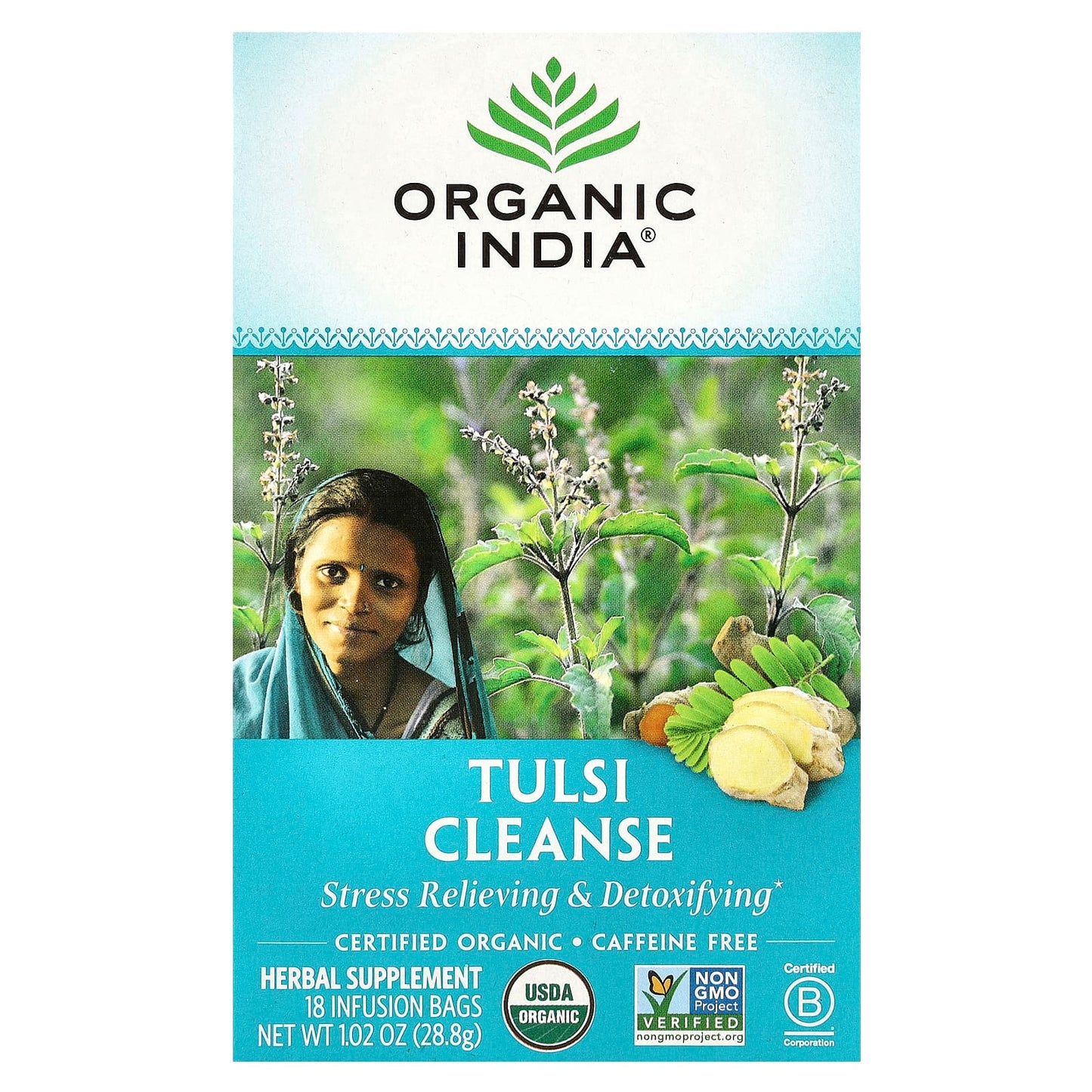 Organic India, Tulsi Cleanse Tea, Caffeine-Free, 18 Infusion Bags, 1.02 oz (28.8 g) - Image 1