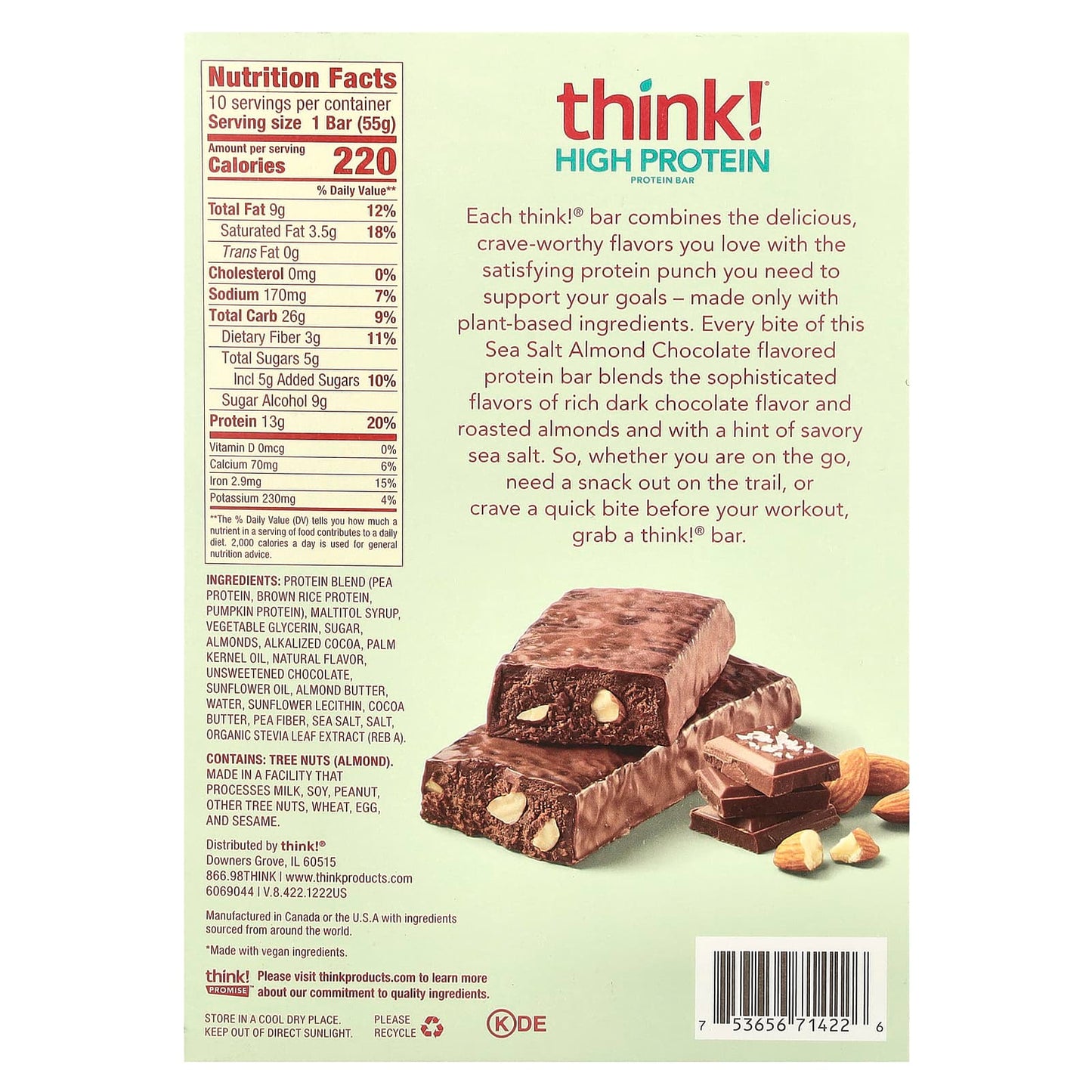 Think !, High Protein Bars, Sea Salt Almond Chocolate, 10 Bars, 1.94 oz (55 g) Each - Image 2