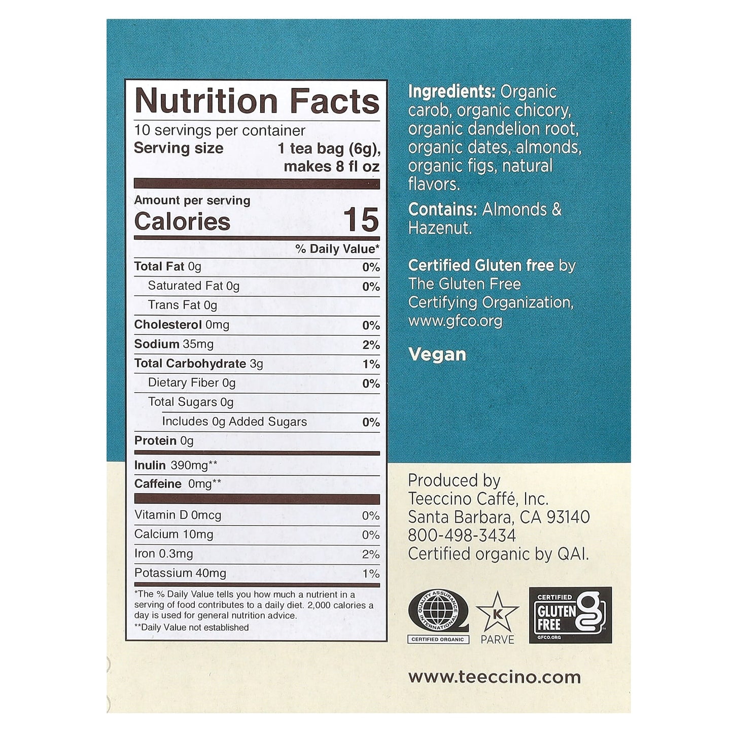 Teeccino, Roasted Herbal Tea, Dandelion Caramel Nut, Caffeine Free, 10 Tea Bags, 2.12 oz (60 g) - Image 2