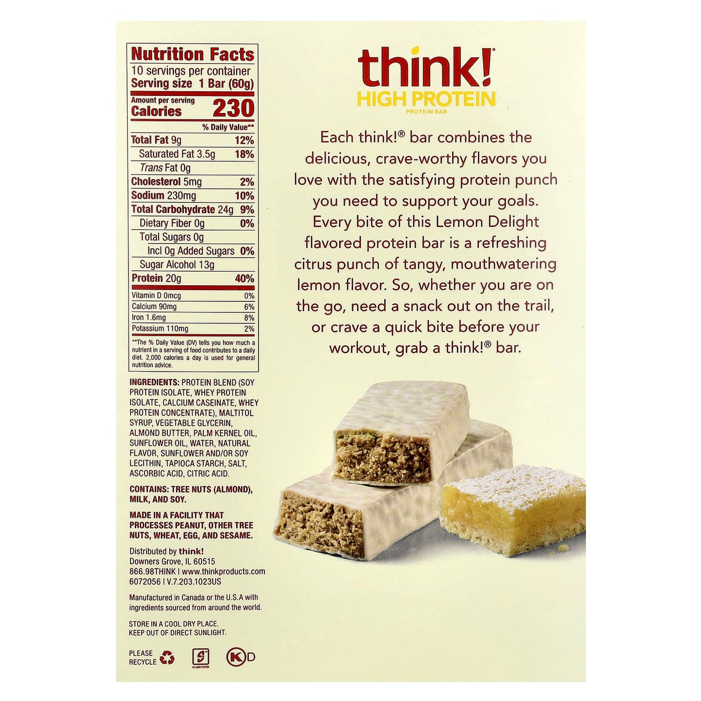 Think !, High Protein Bars, Lemon Delight, 10 Bars, 2.1 oz (60 g) Each - Image 2