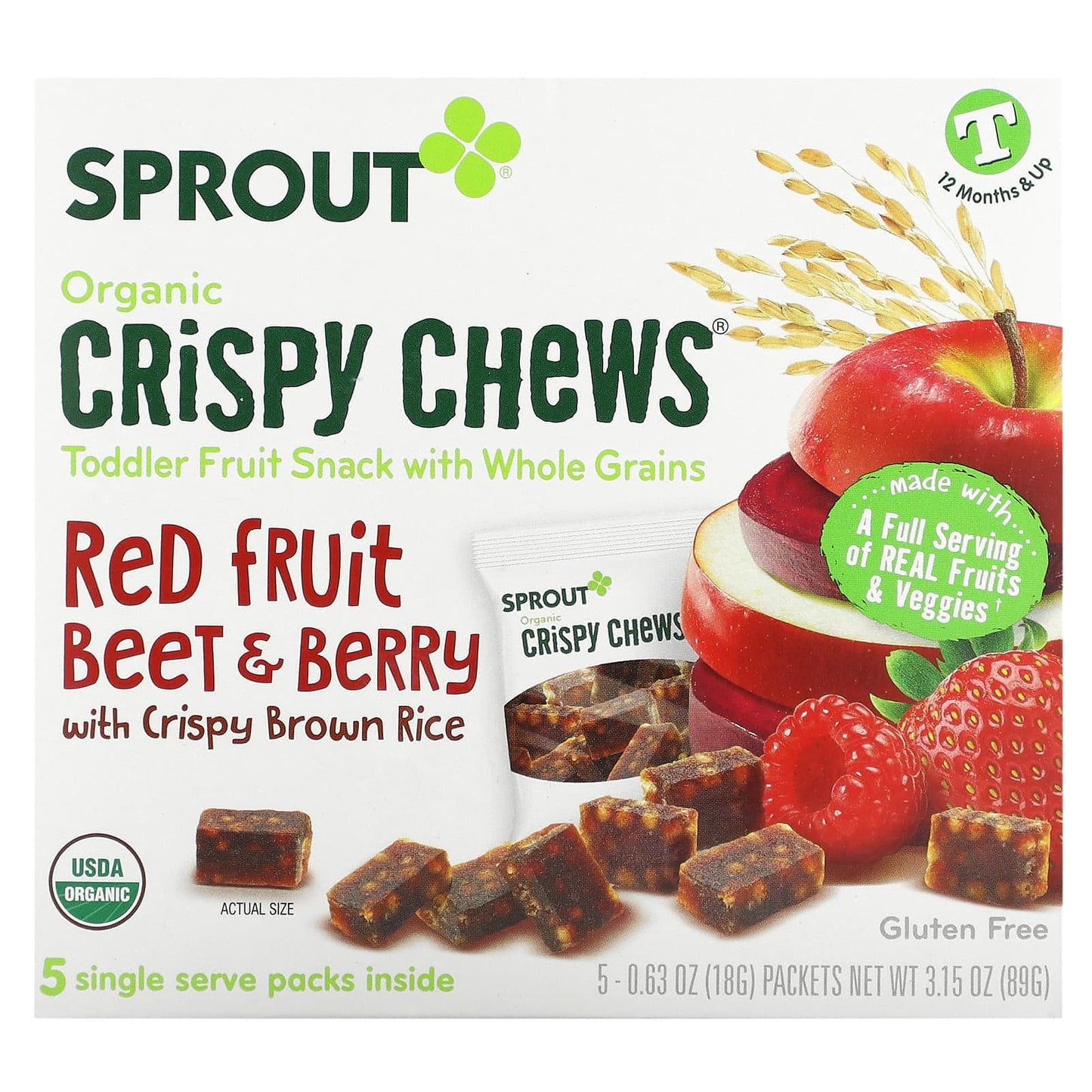 Sprout Organics, Organic Crispy Chews, 12 Months & Up, Red Fruit Beet & Berry with Crispy Brown Rice, 5 Packets, 0.63 oz (18 g) Each - Image 1