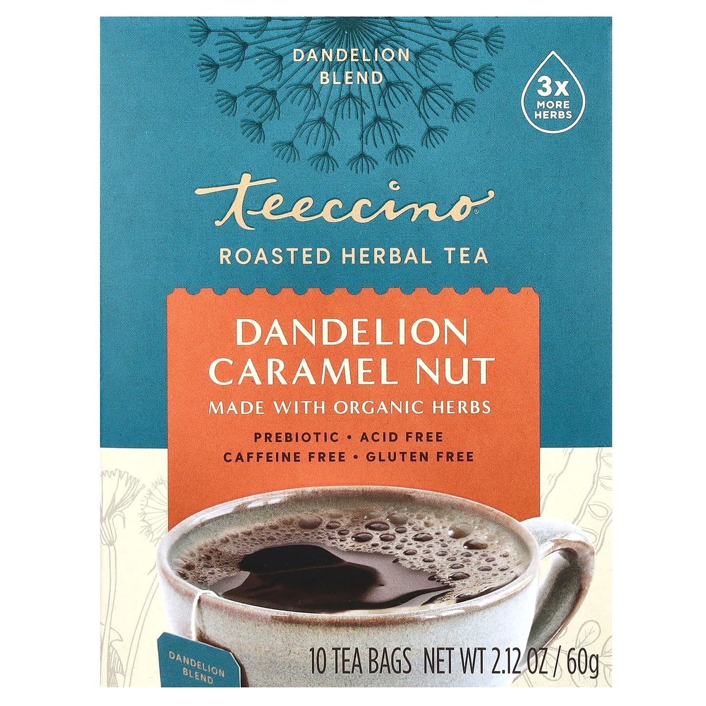 Teeccino, Roasted Herbal Tea, Dandelion Caramel Nut, Caffeine Free, 10 Tea Bags, 2.12 oz (60 g) - Image 1