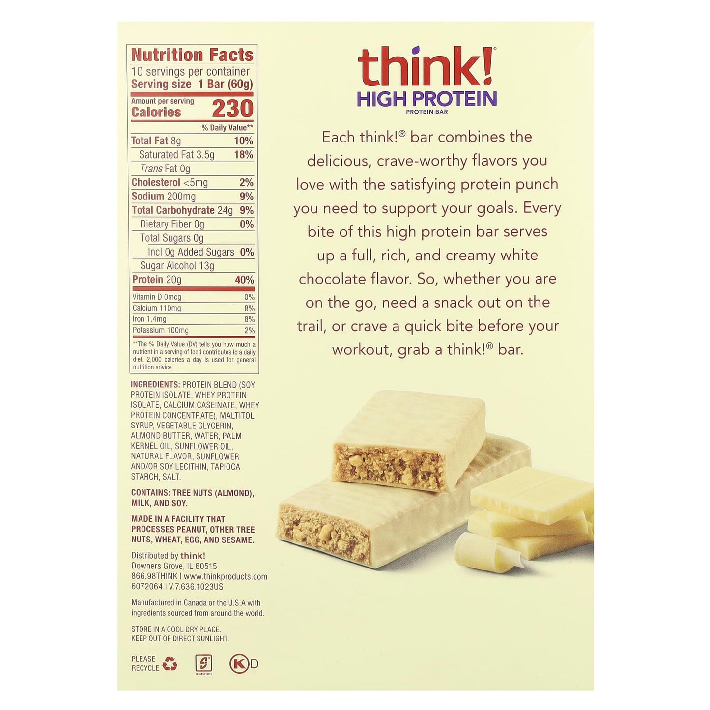 Think !, High Protein Bars, White Chocolate, 10 Bars, 2.1 oz (60 g) Each - Image 2