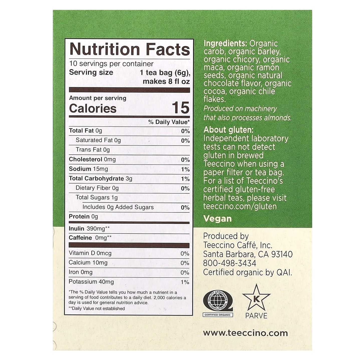 Teeccino, Organic Roasted Herbal Tea, Maca Chocolate, Caffeine Free, 10 Tea Bags, 2.12 oz (60 g) - Image 2