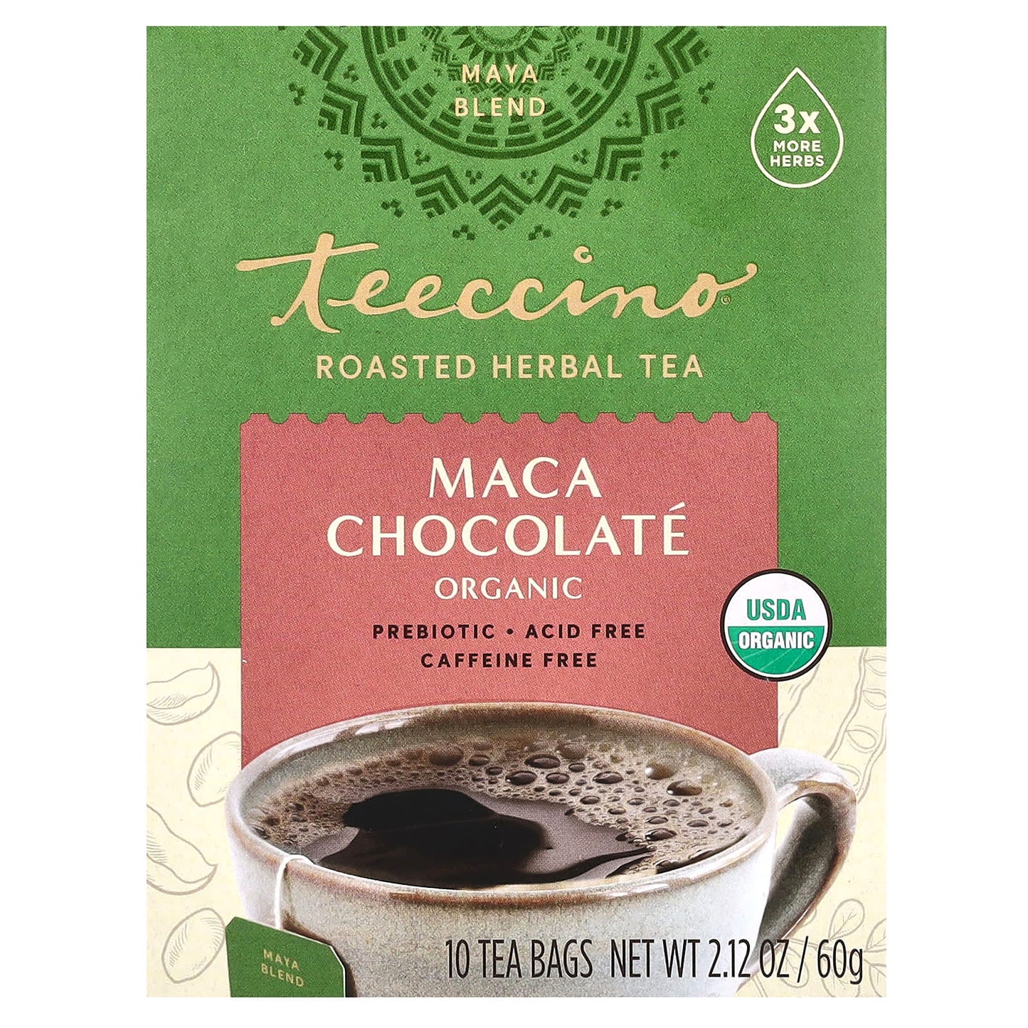 Teeccino, Organic Roasted Herbal Tea, Maca Chocolate, Caffeine Free, 10 Tea Bags, 2.12 oz (60 g) - Image 1