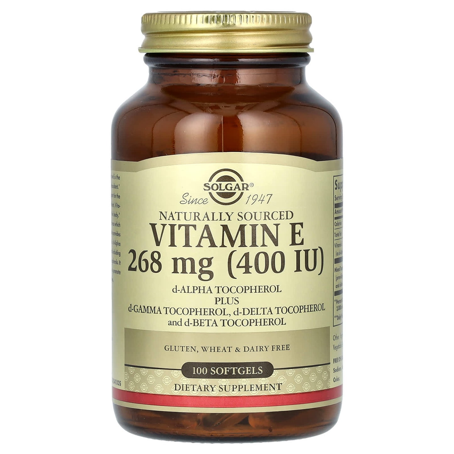 Solgar, Naturally Sourced Vitamin E, 100 Softgels - Image 1