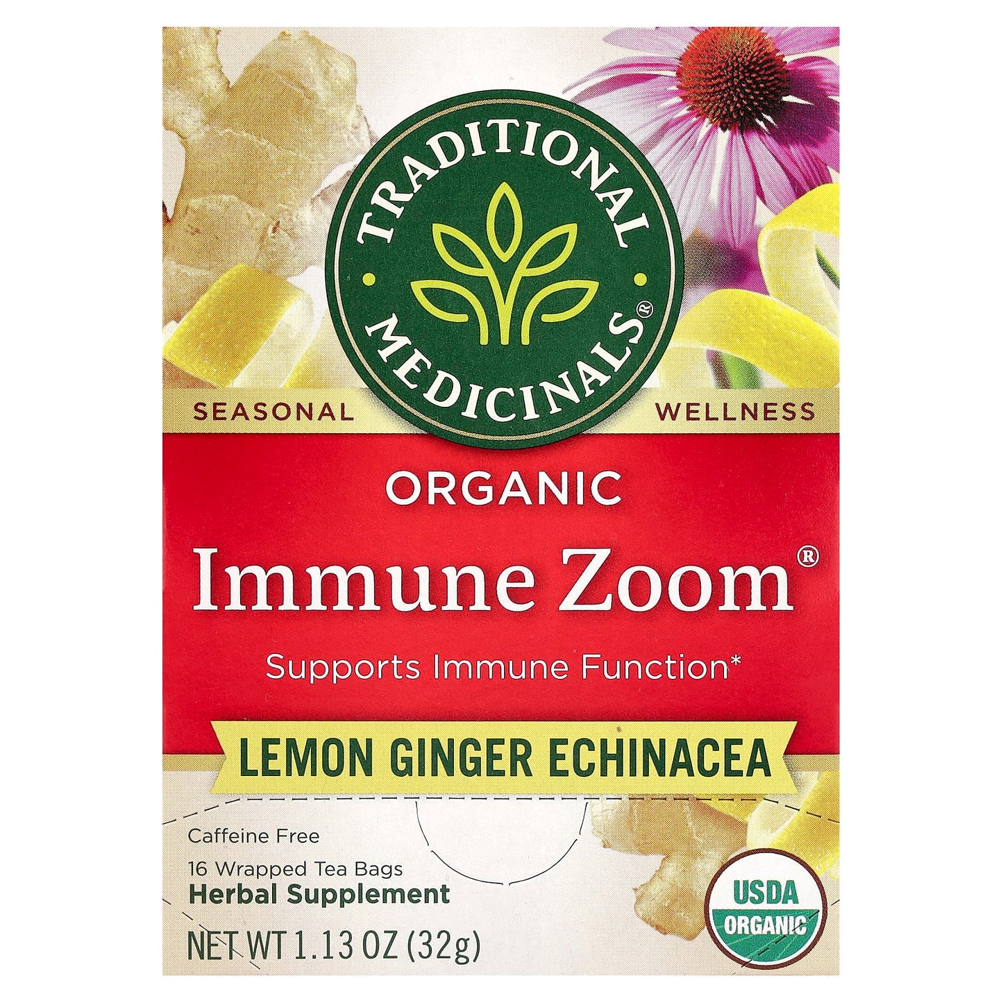 Traditional Medicinals, Organic Immune Zoom®, Lemon Ginger Echinacea, Caffeine Free, 16 Wrapped Tea Bags, 1.13 oz (32 g) - Image 1