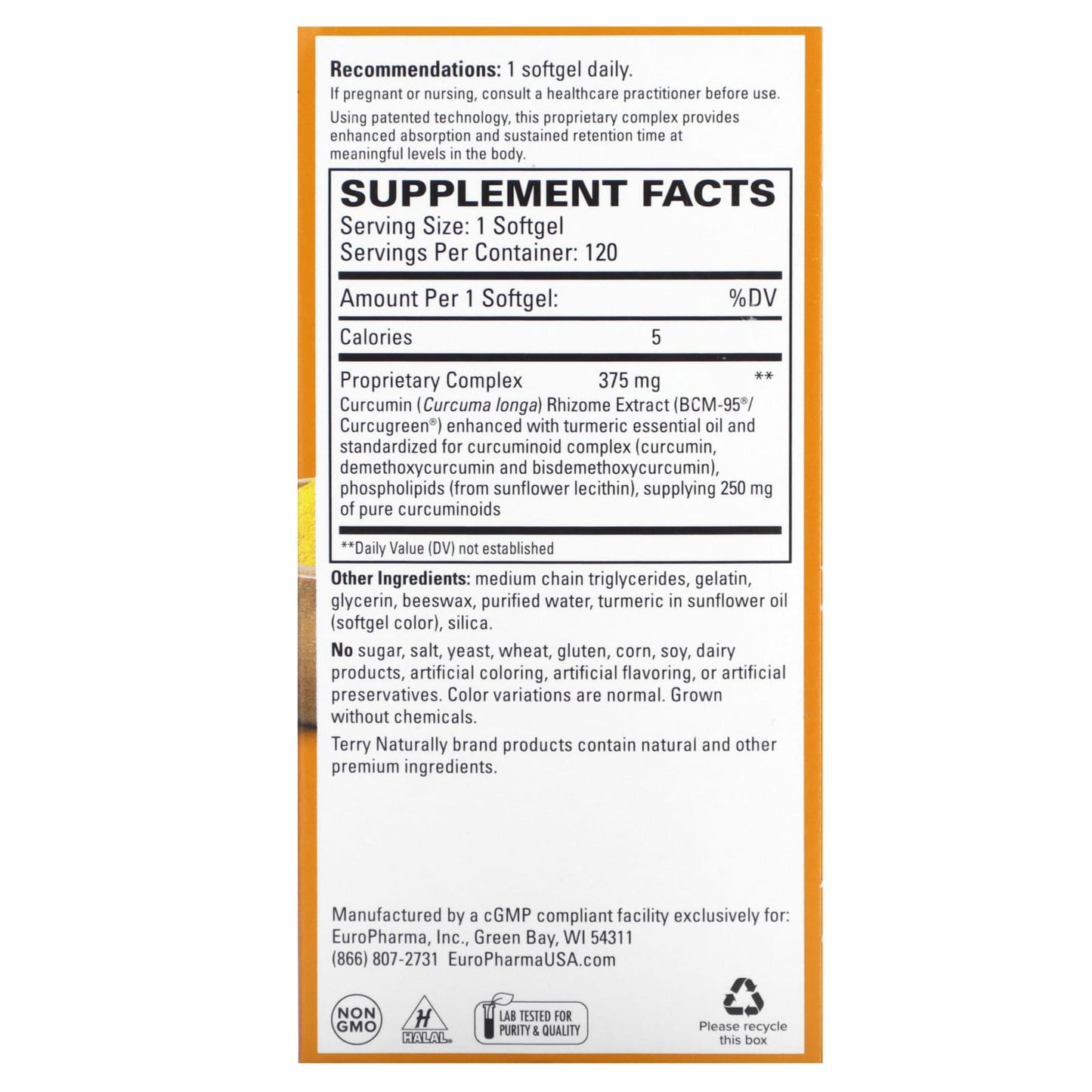 Terry Naturally, CuraMed, Superior Absorption Curcumin, 375 mg, 120 Softgels - Image 2