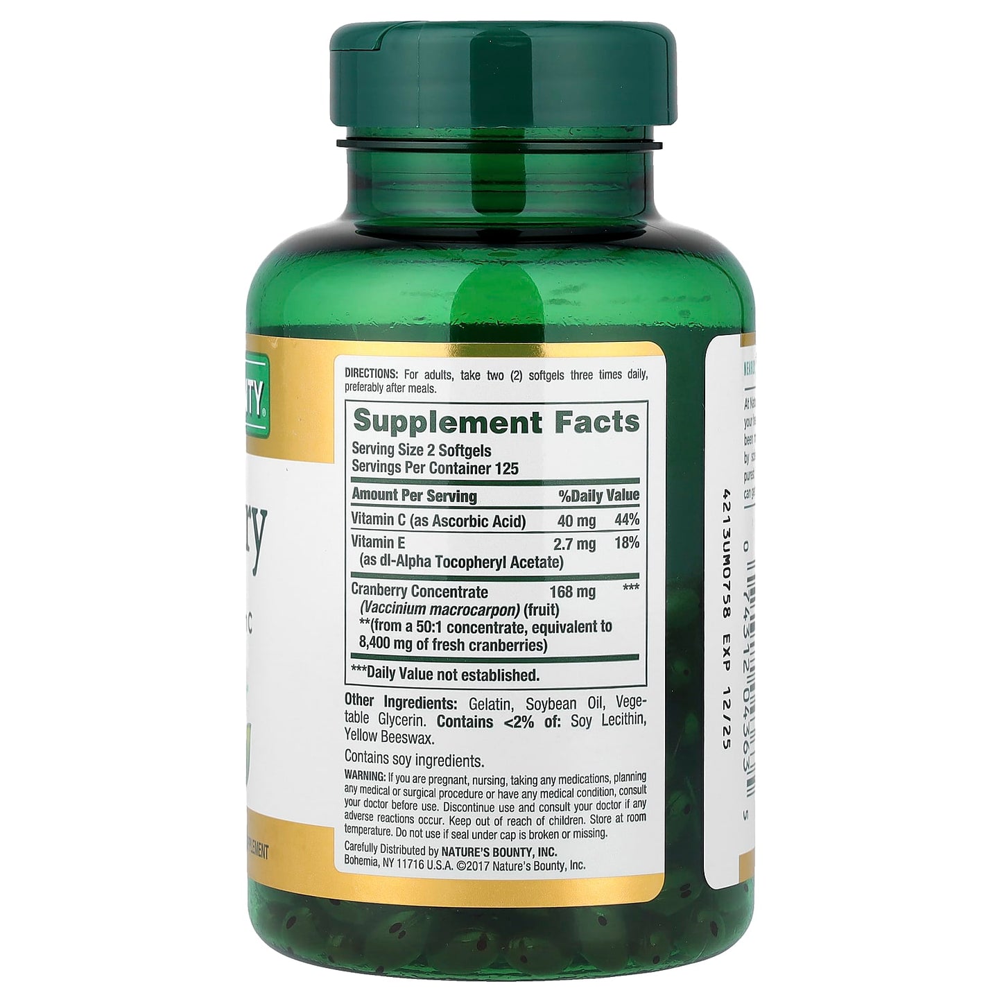 Nature's Bounty, Cranberry with Vitamin C, 250 Rapid Release Softgels - Image 2