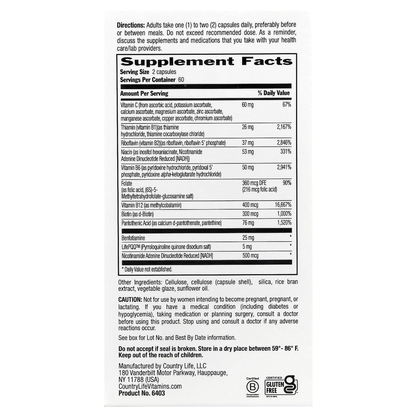 Country Life Advanced Coenzyme B-Complex, 120 Vegan Capsules - Image 2