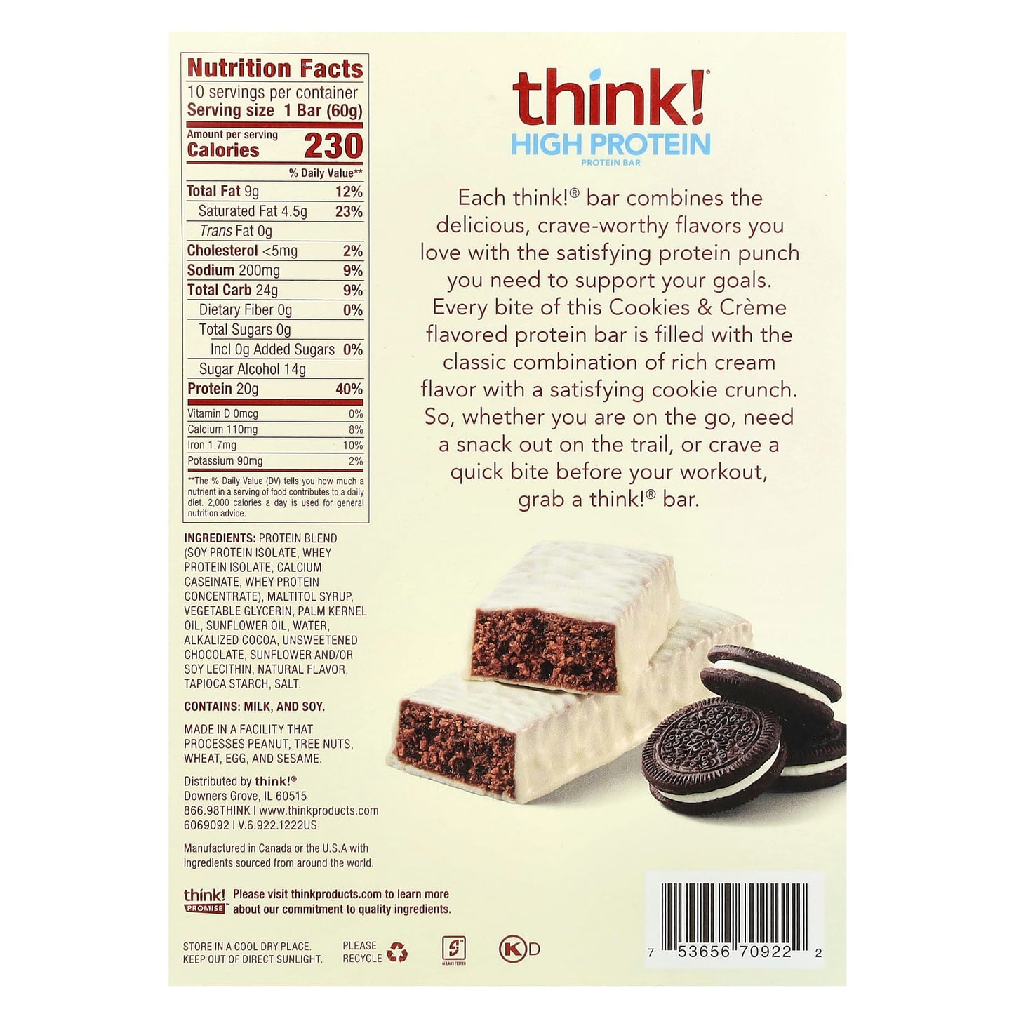 Think !, High Protein Bars, Cookies & Cream, 10 Bars, 2.1 oz (60 g) Each - Image 2