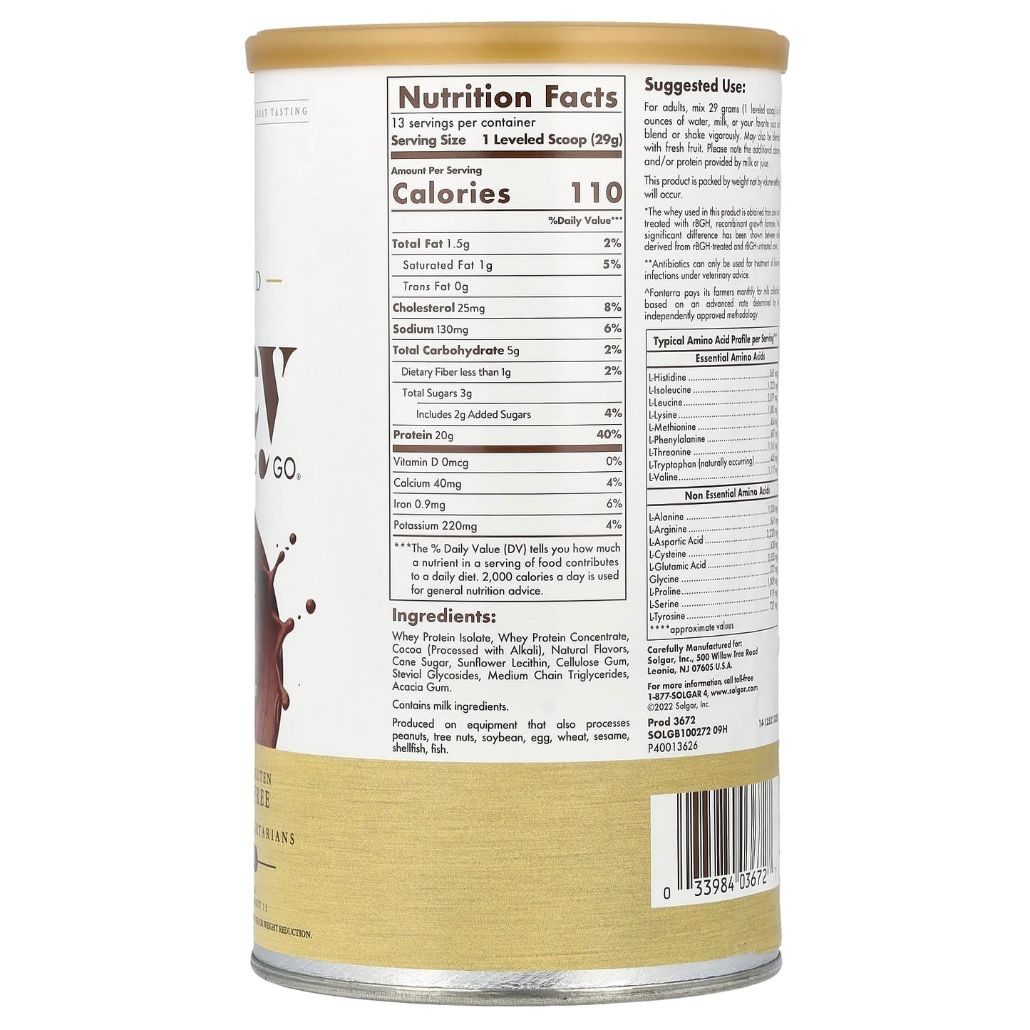 Solgar, Grass Fed Whey To Go®, Protein Powder, Chocolate, 13.2 oz (377 g) - Image 2