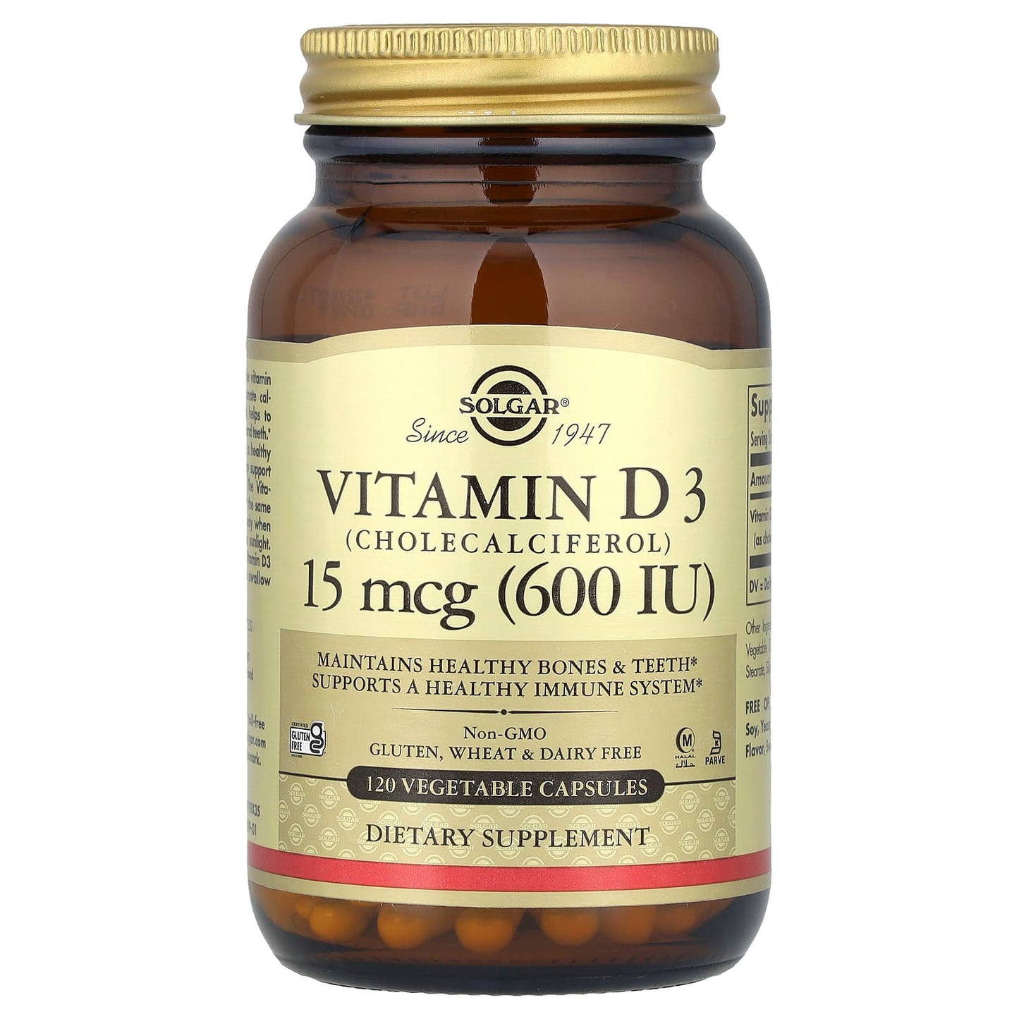 Solgar, Vitamin D3 (Cholecalciferol), 15 mcg (600 IU), 120 Vegetable Capsules - Image 1