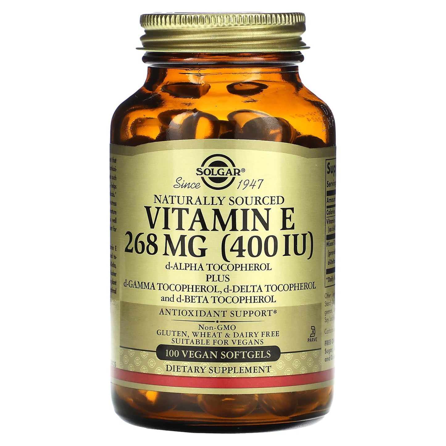 Solgar, Naturally Sourced Vitamin E, 100 Vegan Softgels - Image 1
