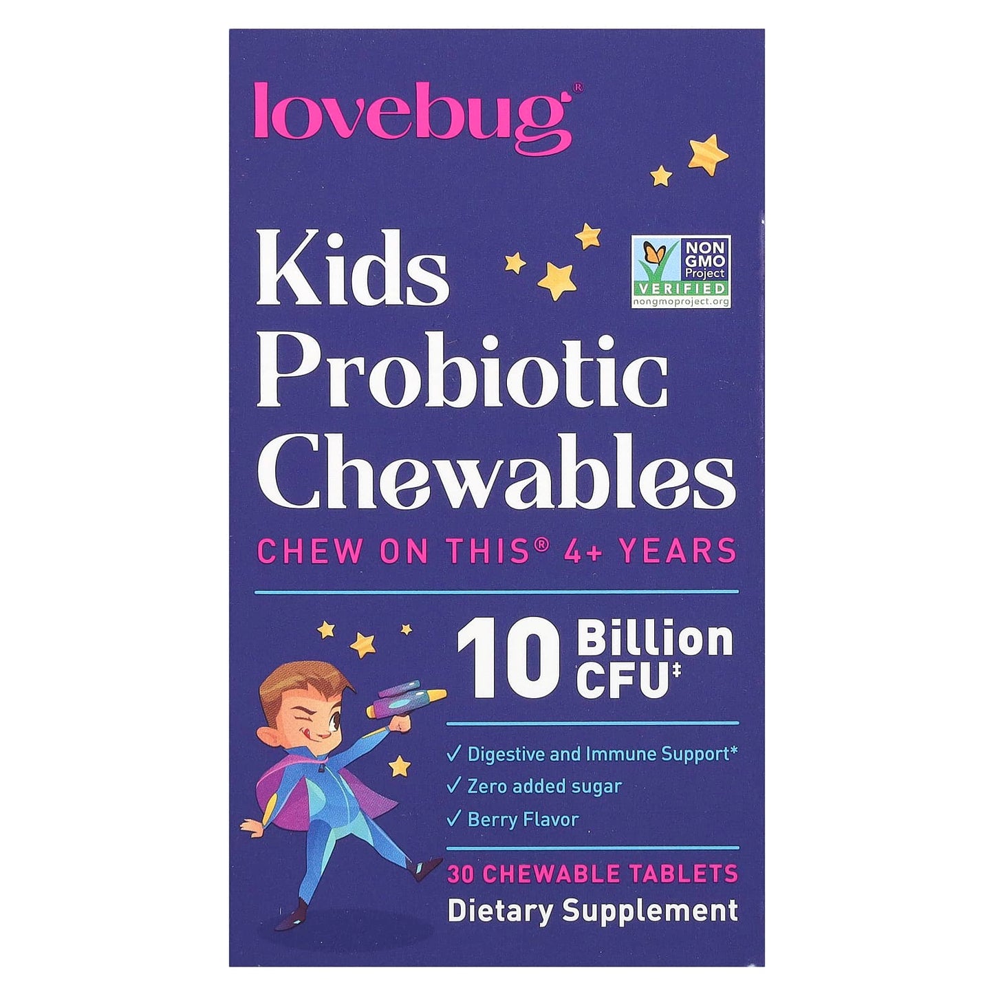 LoveBug Probiotics, Kids Probiotics, 4+ Years, Berry, 10 Billion CFU, 30 Chewable Tablets - Image 1