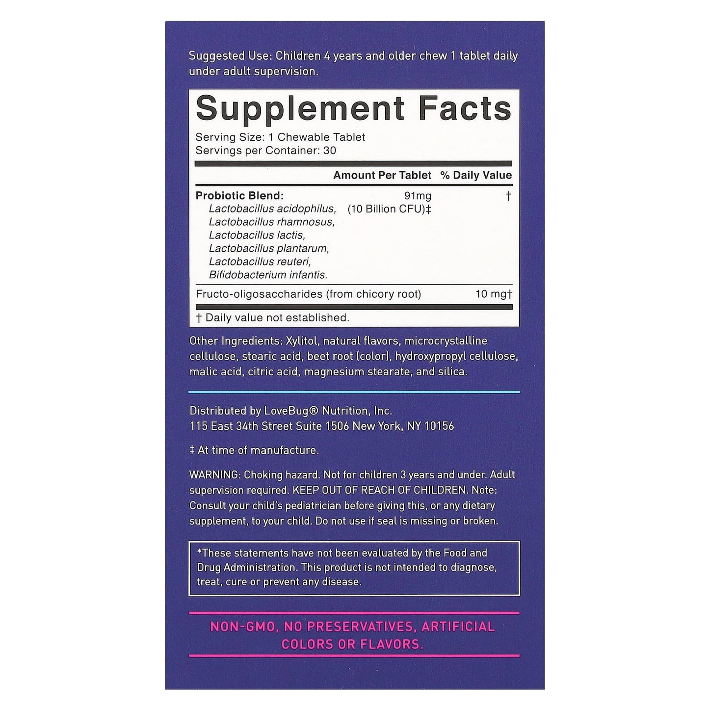 LoveBug Probiotics, Kids Probiotics, 4+ Years, Berry, 10 Billion CFU, 30 Chewable Tablets - Image 2