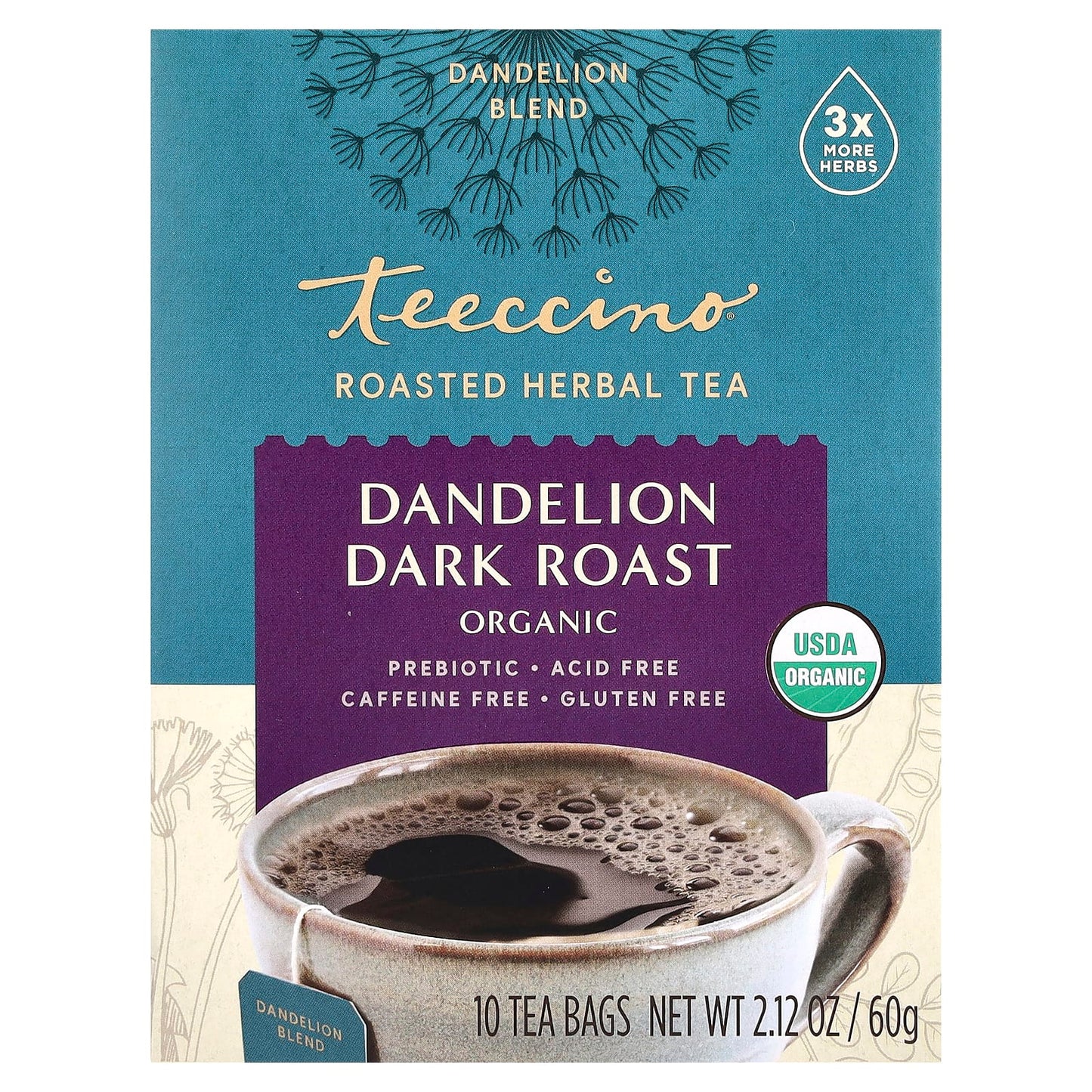 Teeccino, Organic Roasted Herbal Tea, Dandelion, Dark Roast, Caffeine Free, 10 Tea Bags, 2.12 oz (60 g) - Image 1