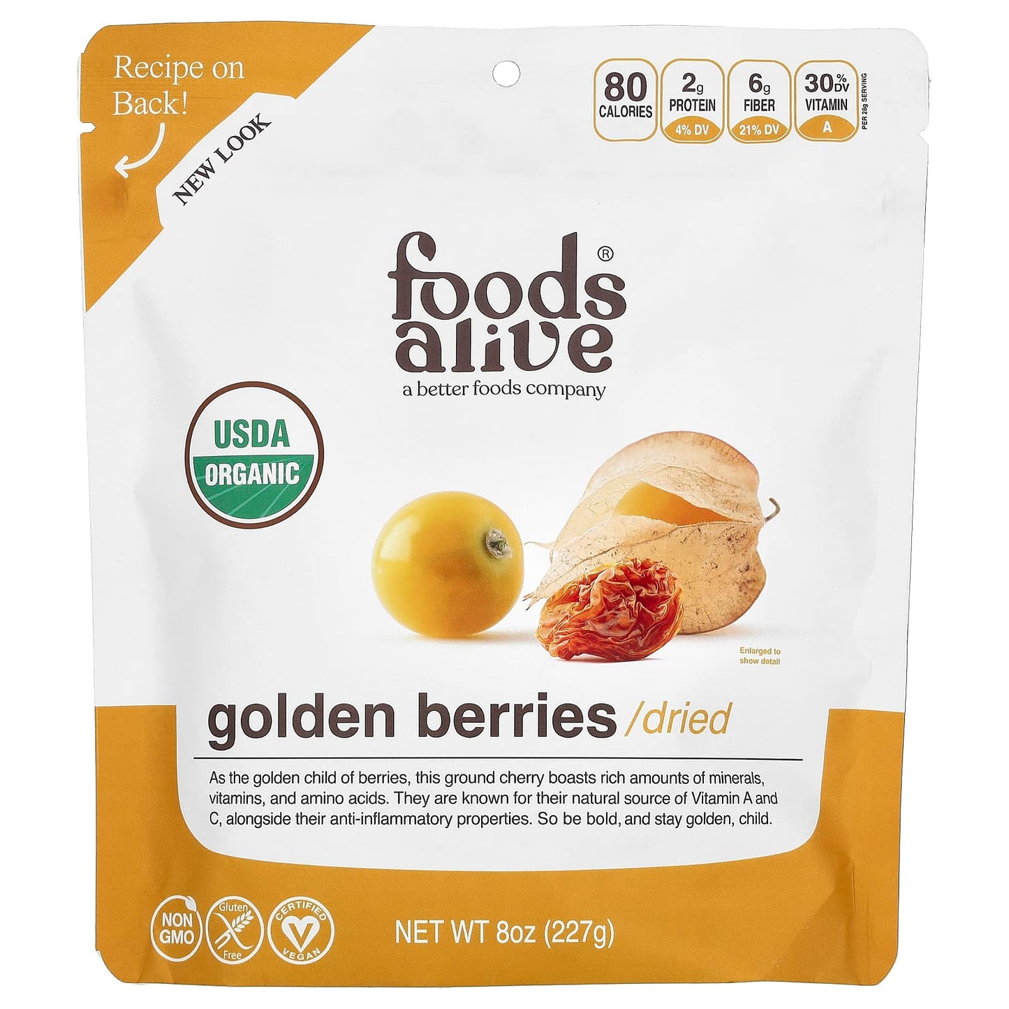 Golden Berries Dried by Foods Alive, USDA Organic, Non-GMO, 8 oz (227g) - Image 1