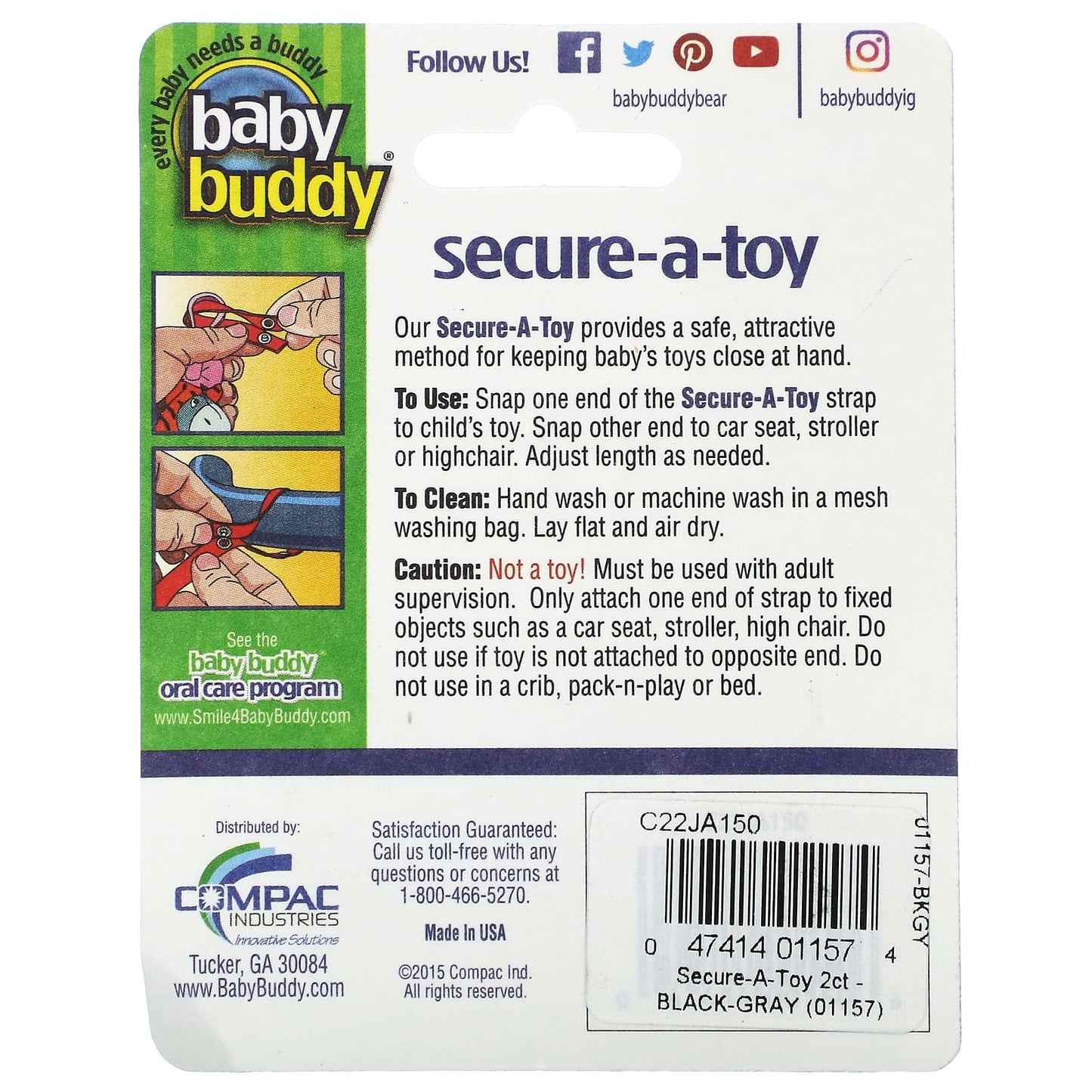 Baby Buddy Secure-A-Toy: Keeps Toys Safe & Clean (Black/Gray, 2 Straps) - Image 2