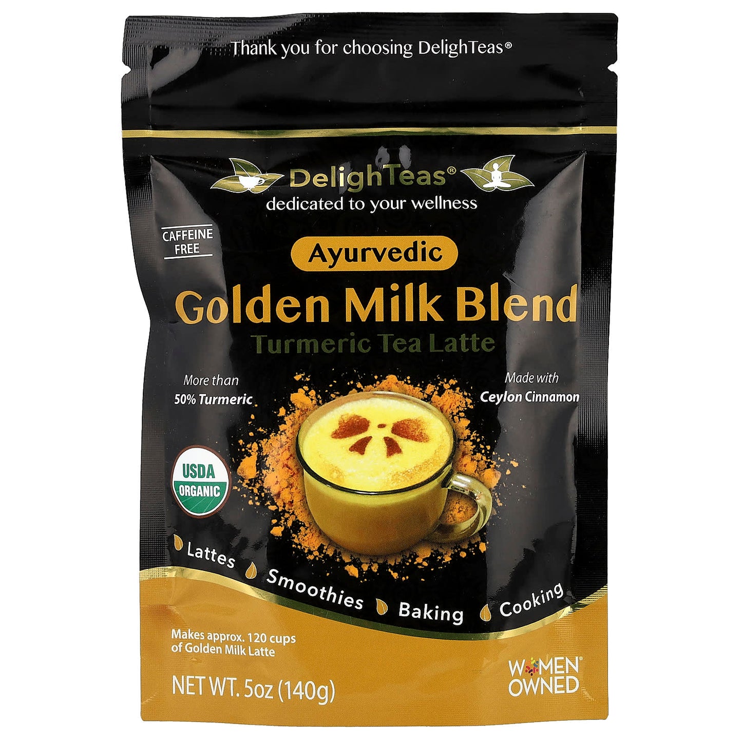 DelighTeas, Ayurvedic Golden Milk Blend, Turmeric Tea Latte, Caffeine Free, 5 oz (140 g)