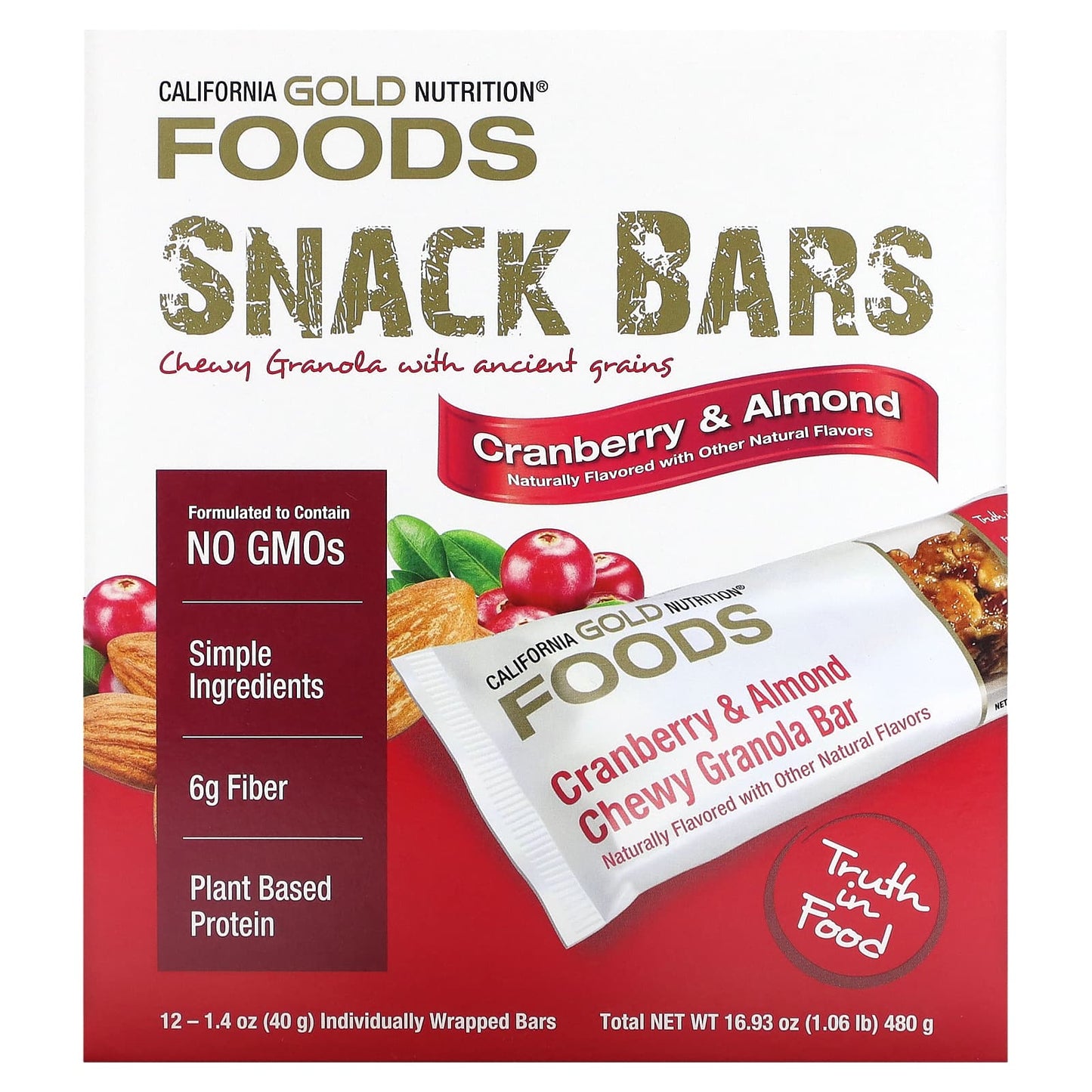 Cranberry & Almond Chewy Granola Bars by California Gold Nutrition - 12 Bars - Image 1