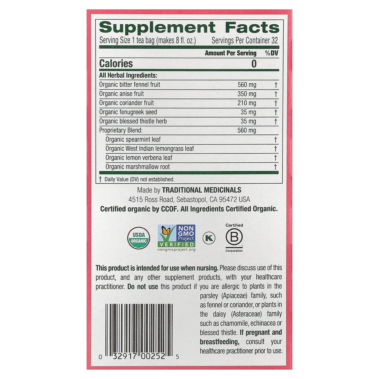 Traditional Medicinals, Organic Mother's Milk®, Original with Fennel & Fenugreek, Caffeine Free, 32 Wrapped Tea Bags, 1.98 oz (56 g) - Image 2
