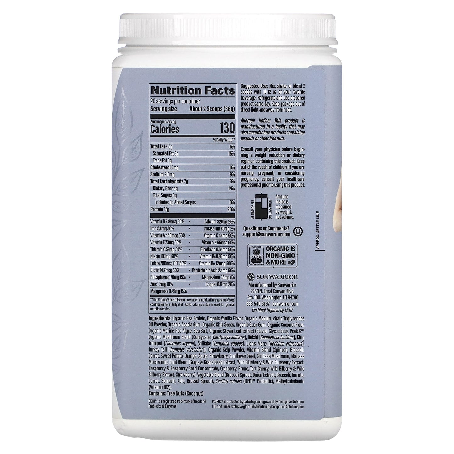 Sunwarrior, Lean Superfood Shake, Vanilla, 1.59 lb (720 g) - Image 2