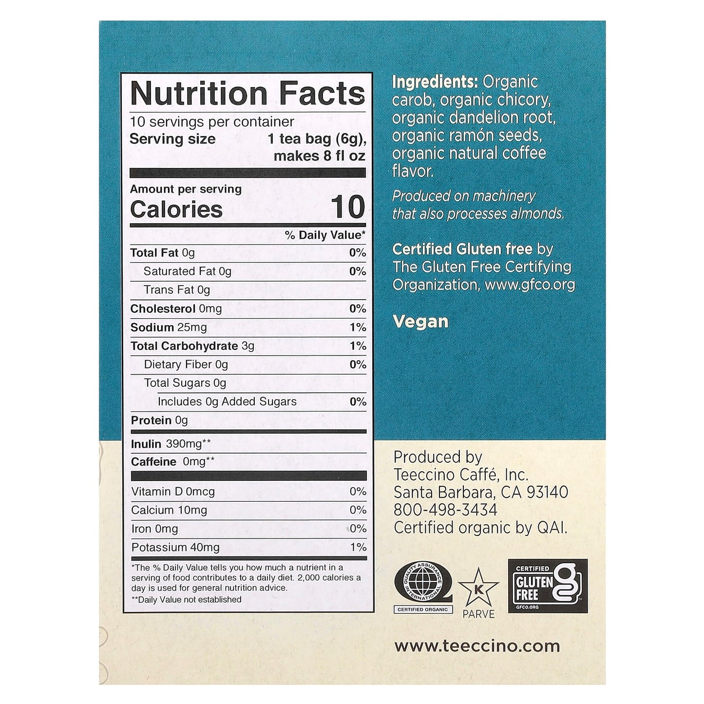 Teeccino, Organic Roasted Herbal Tea, Dandelion, Dark Roast, Caffeine Free, 10 Tea Bags, 2.12 oz (60 g) - Image 2