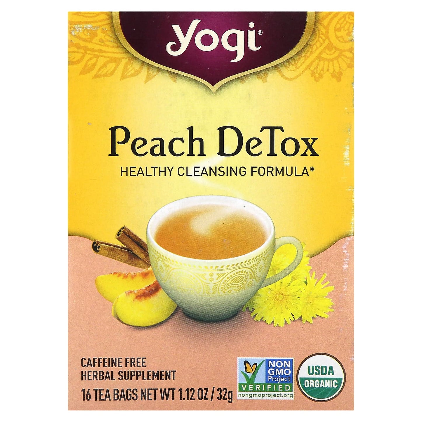 Yogi Tea, Peach DeTox, Caffeine Free, 16 Tea Bags, 1.12 oz (32 g) - Image 1