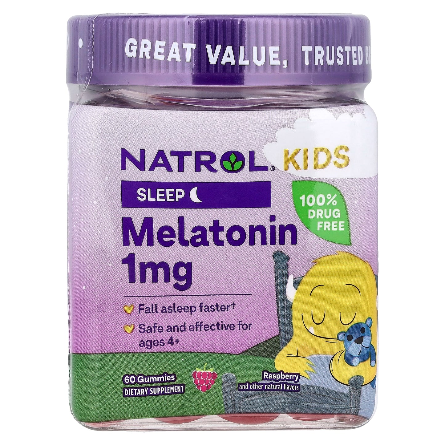 Natrol, Kids, Melatonin Gummies, Ages 4+, Raspberry, 1 mg, 60 Gummies - Image 1