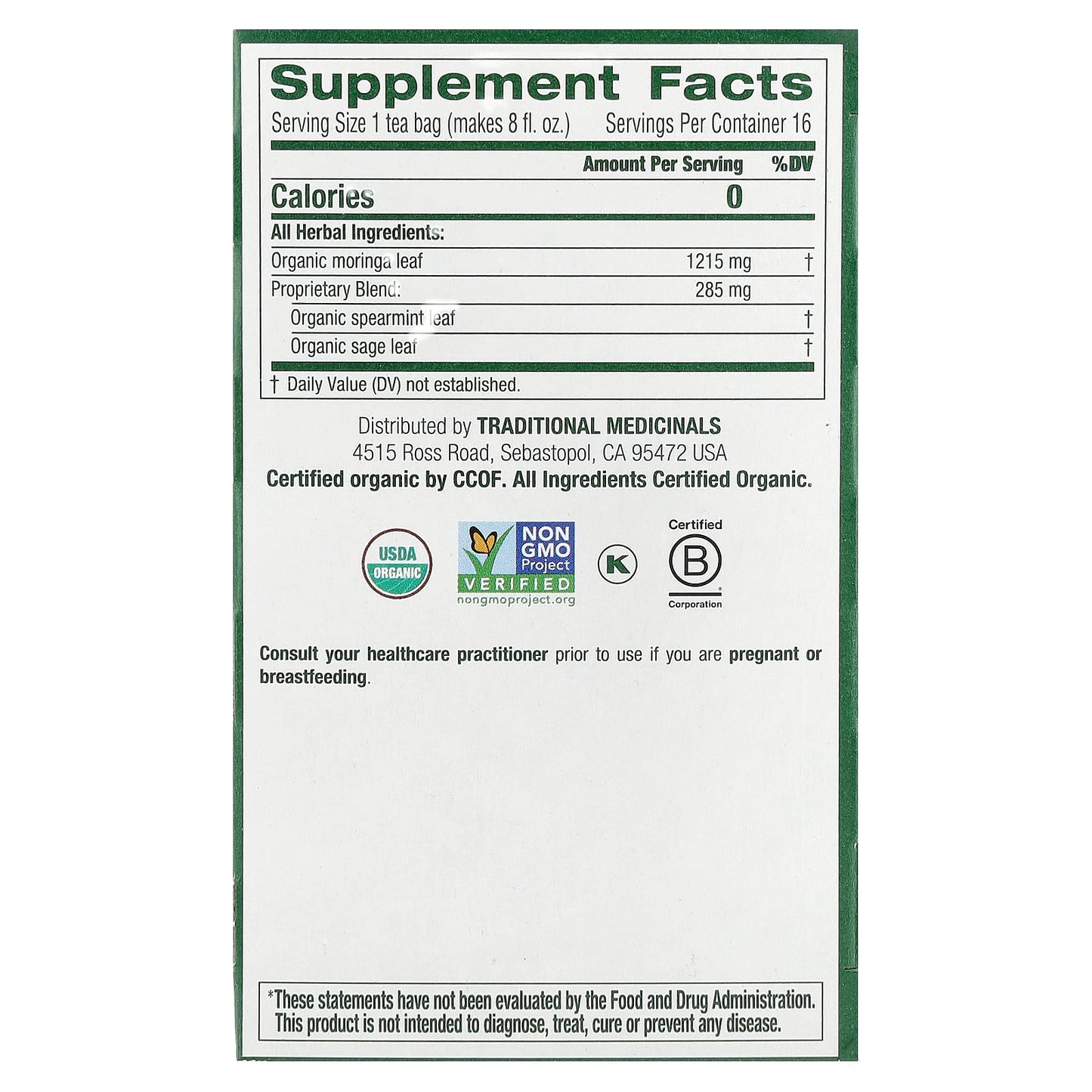 Traditional Medicinals, Organic Moringa, Caffeine Free, 16 Wrapped Tea Bags, 0.85 oz (24 g) - Image 2