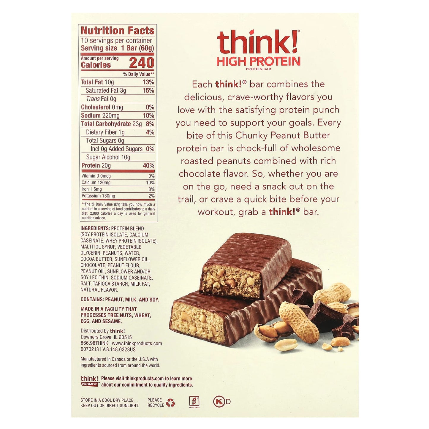 Think !, High Protein Bars, Chunky Peanut Butter, 10 Bars, 2.1 oz (60 g) Each - Image 2