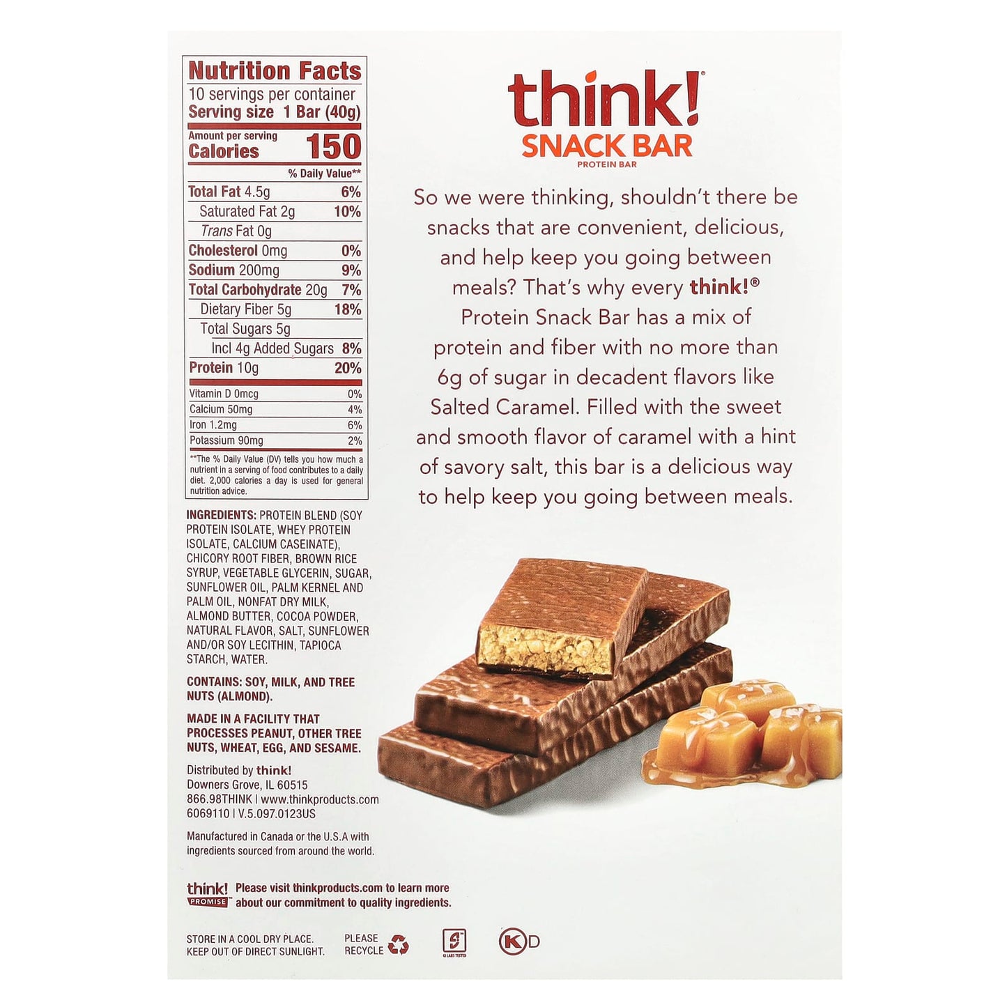 Think !, Protein Snack Bar, Salted Caramel, 10 Bars, 1.41 oz (40 g) Each - Image 2