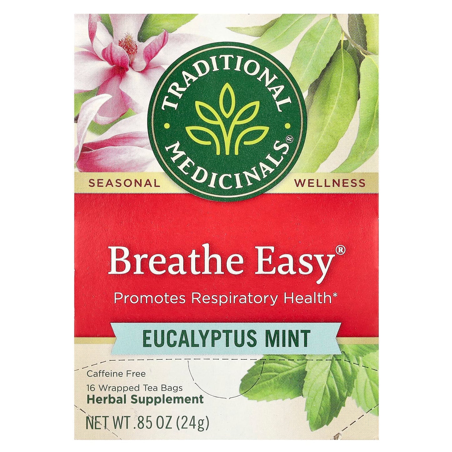 Traditional Medicinals, Breathe Easy®, Eucalyptus Mint, Caffeine Free, 16 Wrapped Tea Bags, 0.85 oz (24 g) - Image 1