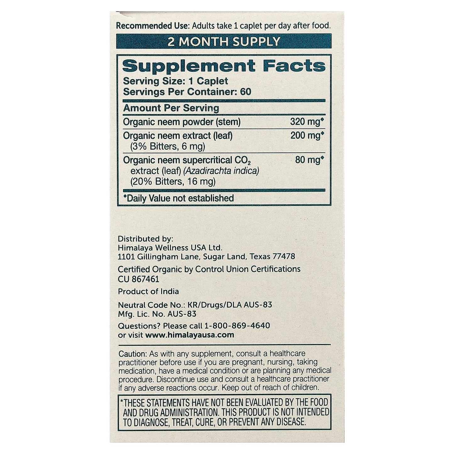 Himalaya Organic Neem 60 Caplets for Detox & Immune Support - Image 2
