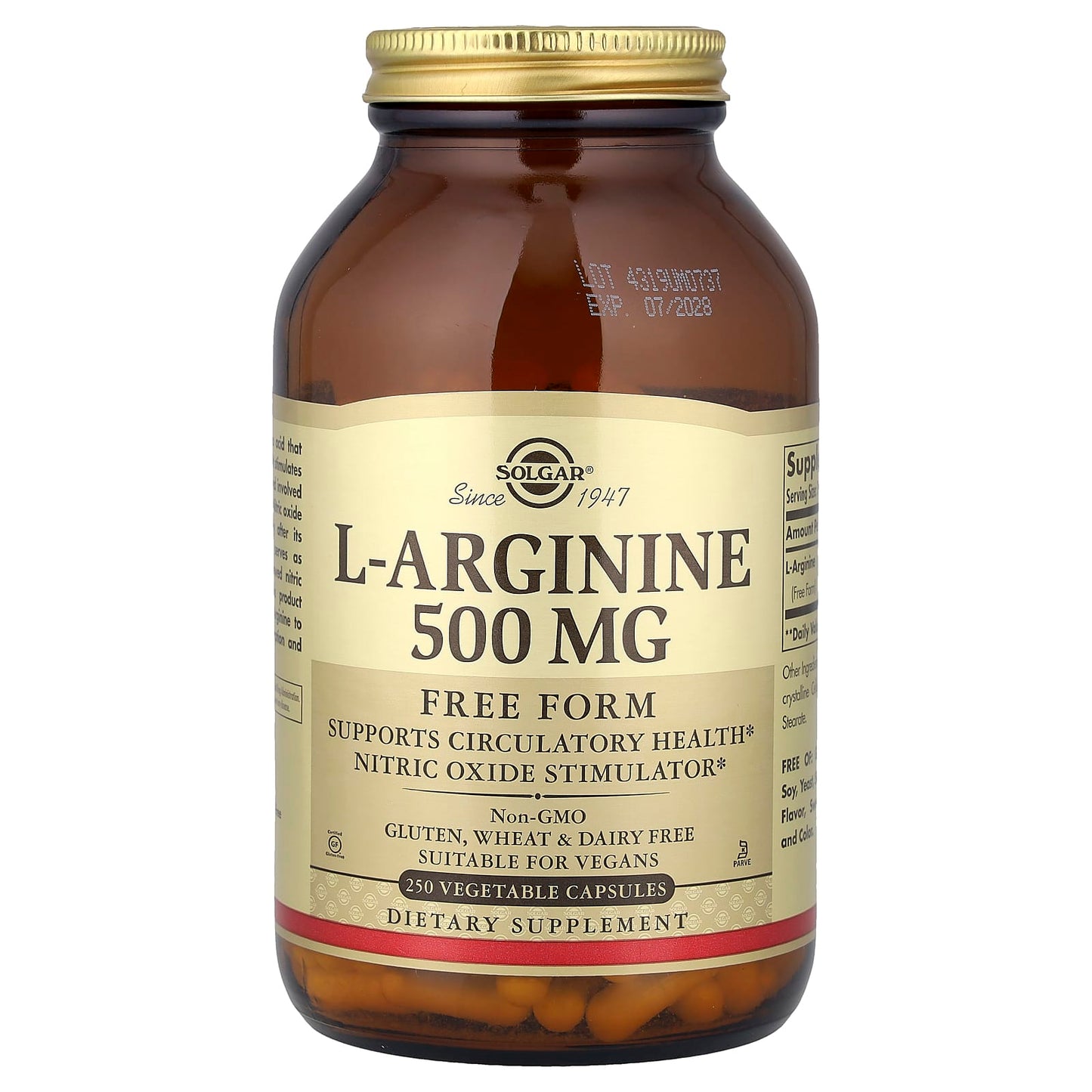 Solgar, L-Arginine, Free Form, 500 mg, 250 Vegetable Capsules - Image 1