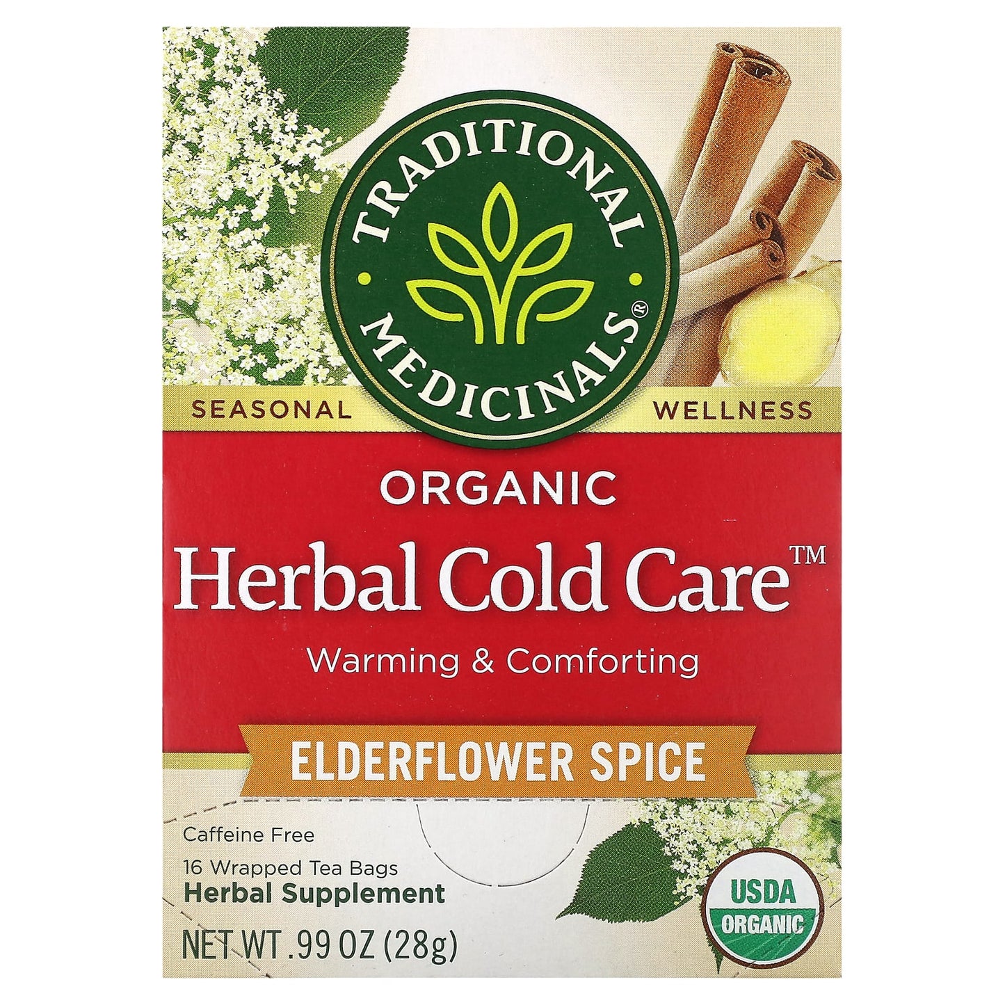 Traditional Medicinals, Organic Herbal Cold Care, Elderflower Spice, Caffeine Free, 16 Wrapped Tea Bags, 0.6 oz (1.75 g) Each - Image 1