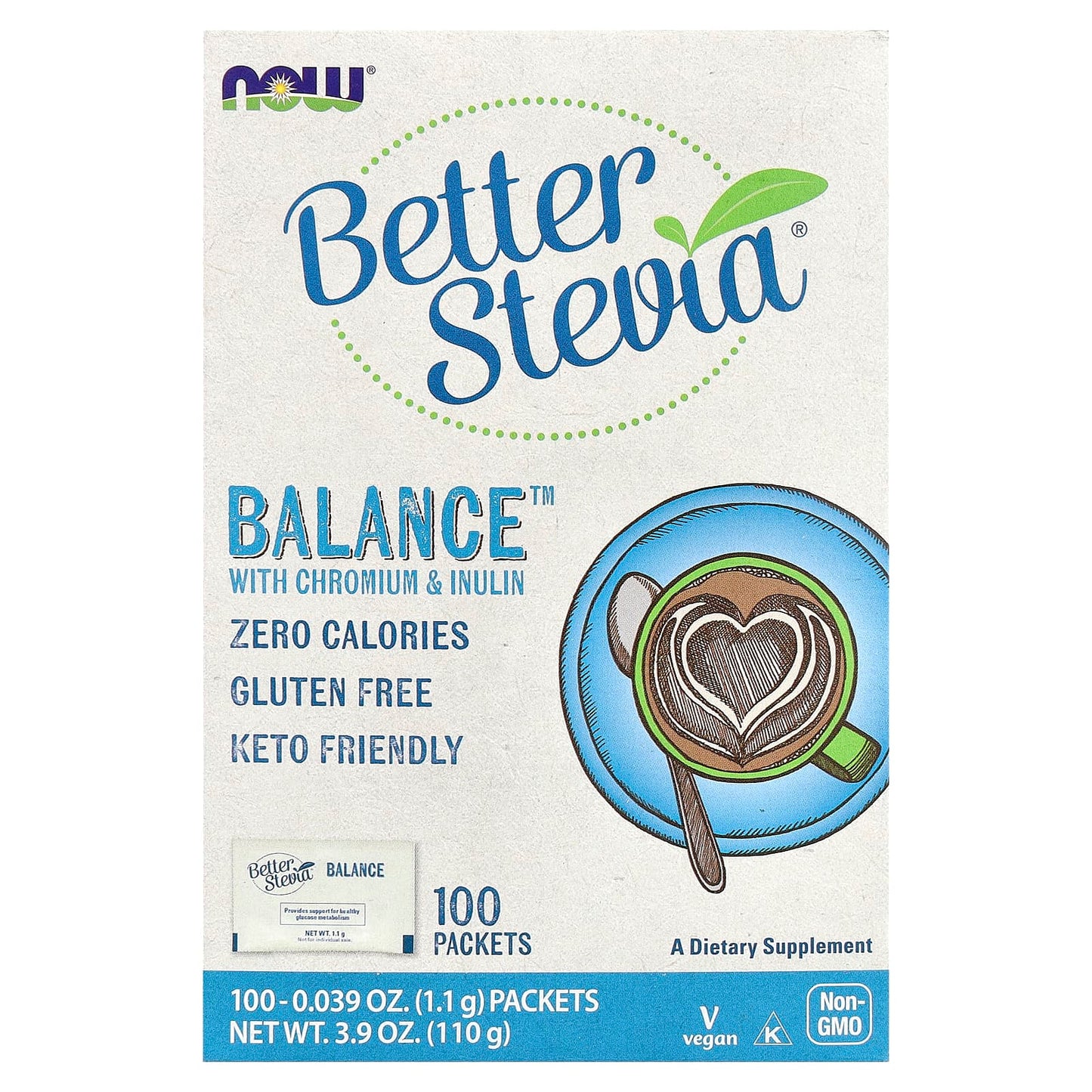 NOW Foods, Better Stevia®, Balance™ with Chromium & Inulin, 100 Packets, 0.039 oz (1.1 g) Each - Image 1