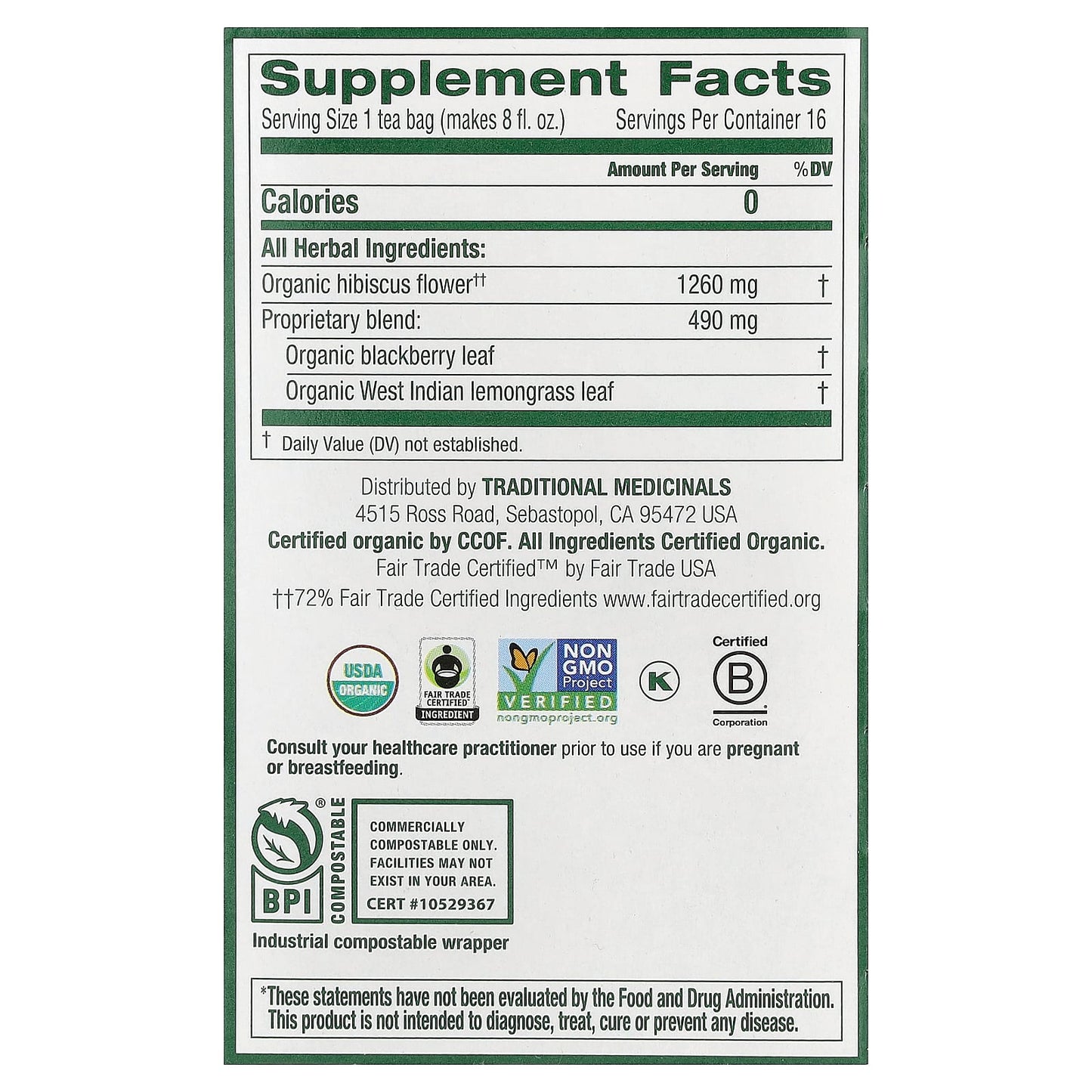 Traditional Medicinals, Organic Hibiscus, Caffeine Free, 16 Wrapped Tea Bags, 0.99 oz (28 g) - Image 2