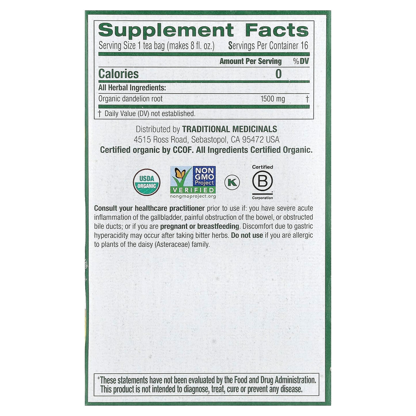 Traditional Medicinals, Organic Roasted Dandelion Root, Caffeine Free, 16 Wrapped Tea Bags, 0.85 oz (24 g) - Image 2