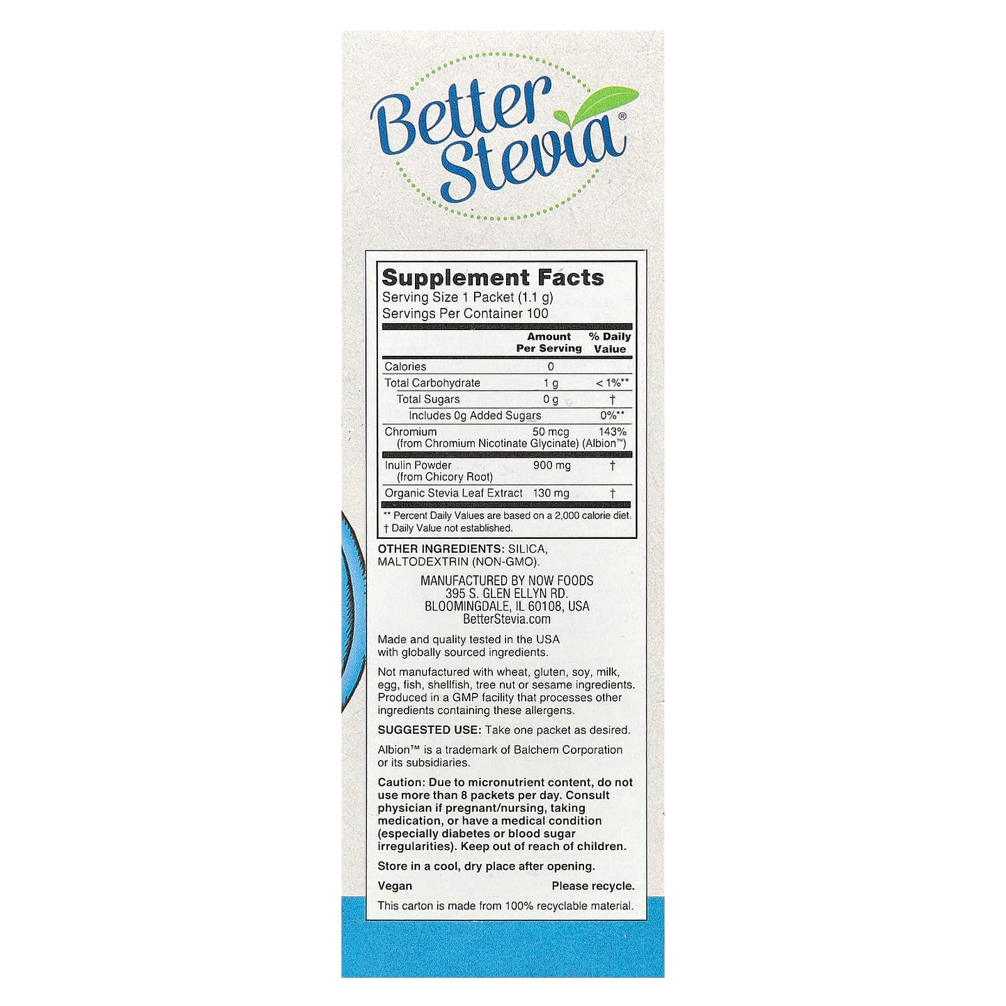 NOW Foods, Better Stevia®, Balance™ with Chromium & Inulin, 100 Packets, 0.039 oz (1.1 g) Each - Image 2