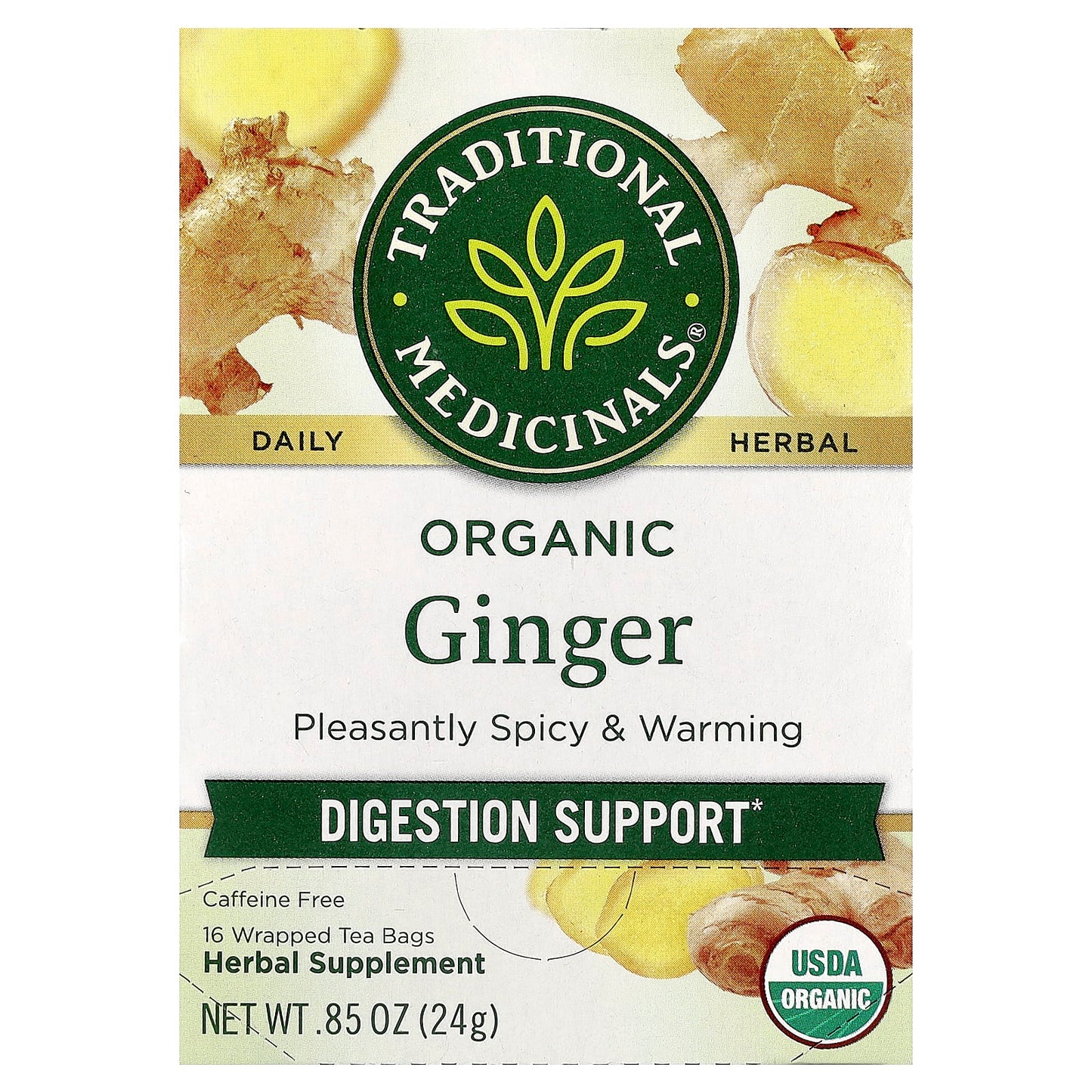 Traditional Medicinals, Organic Ginger, Caffeine Free, 16 Wrapped Tea Bags, 0.85 oz (24 g) - Image 1