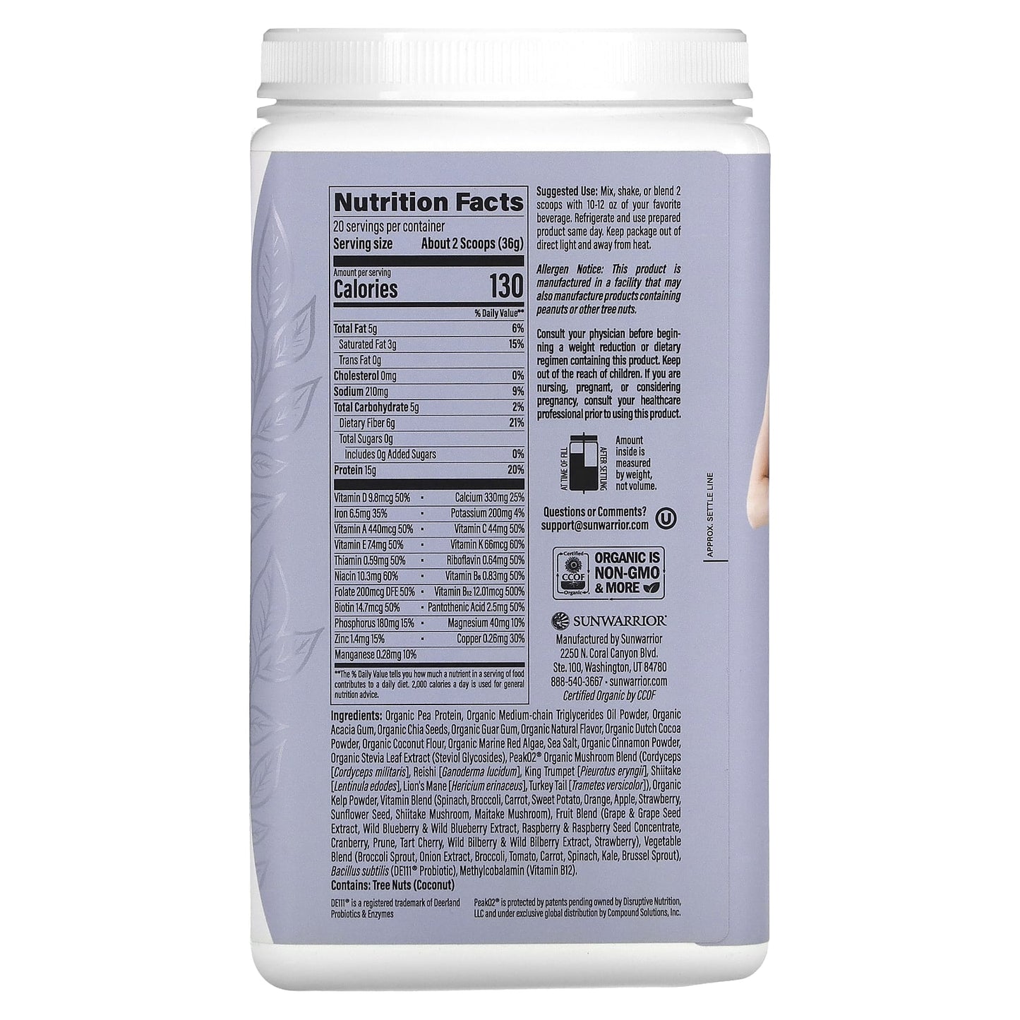 Sunwarrior, Lean Superfood Shake, Chocolate, 1.59 lb (720 g) - Image 2