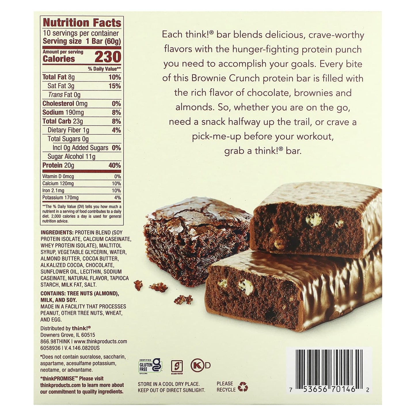 Think !, High Protein Bars, Brownie Crunch, 10 Bars, 2.1 oz (60 g) Each - Image 2