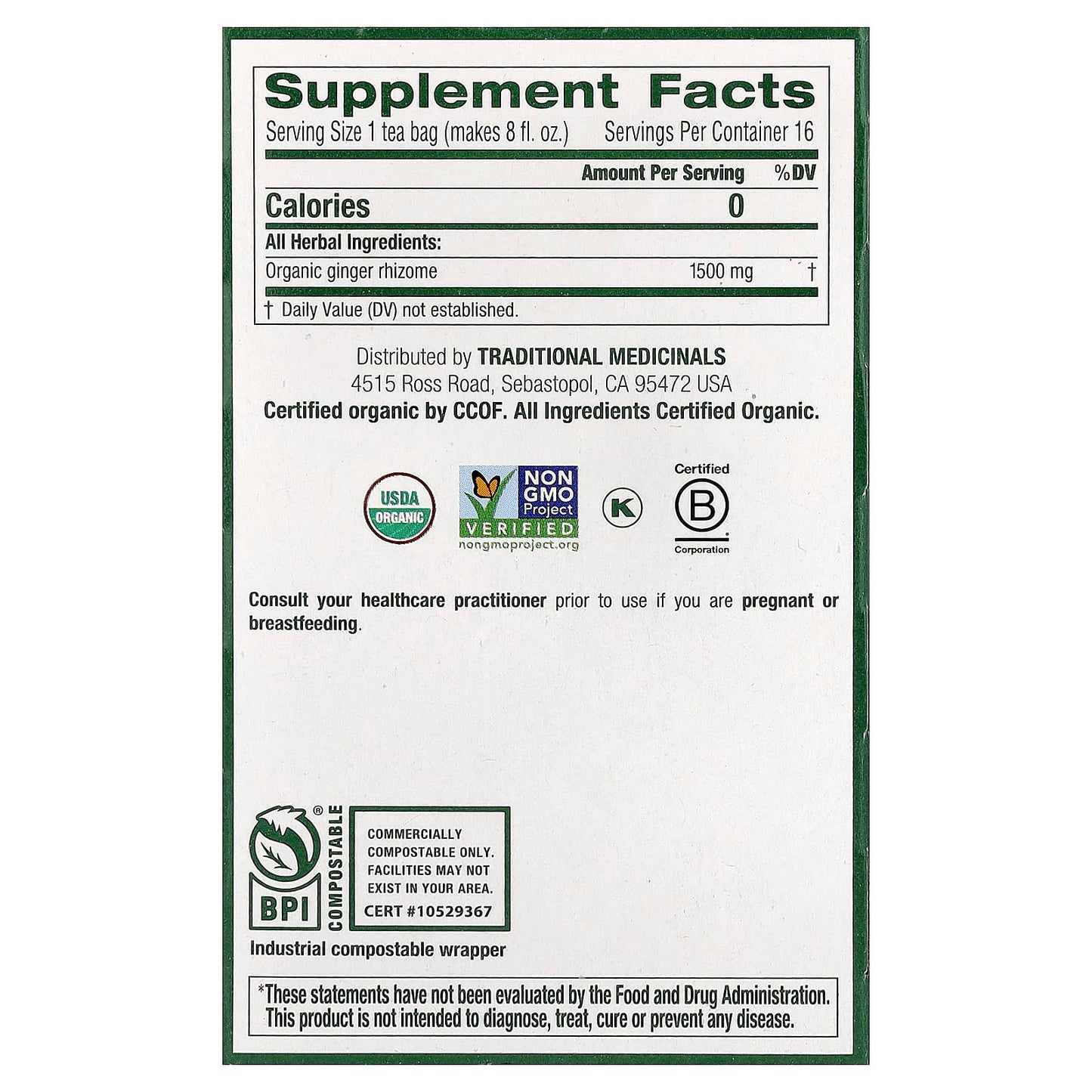 Traditional Medicinals, Organic Ginger, Caffeine Free, 16 Wrapped Tea Bags, 0.85 oz (24 g) - Image 2