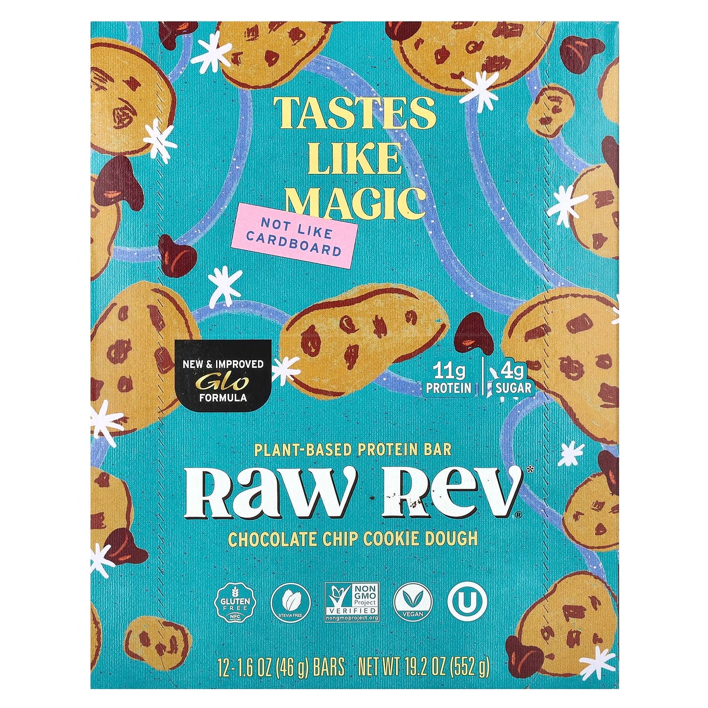 Raw Rev, Plant-Based Protein Bar, Chocolate Chip Cookie Dough, 12 Bars, 1.6 oz (46 g) Each - Image 1